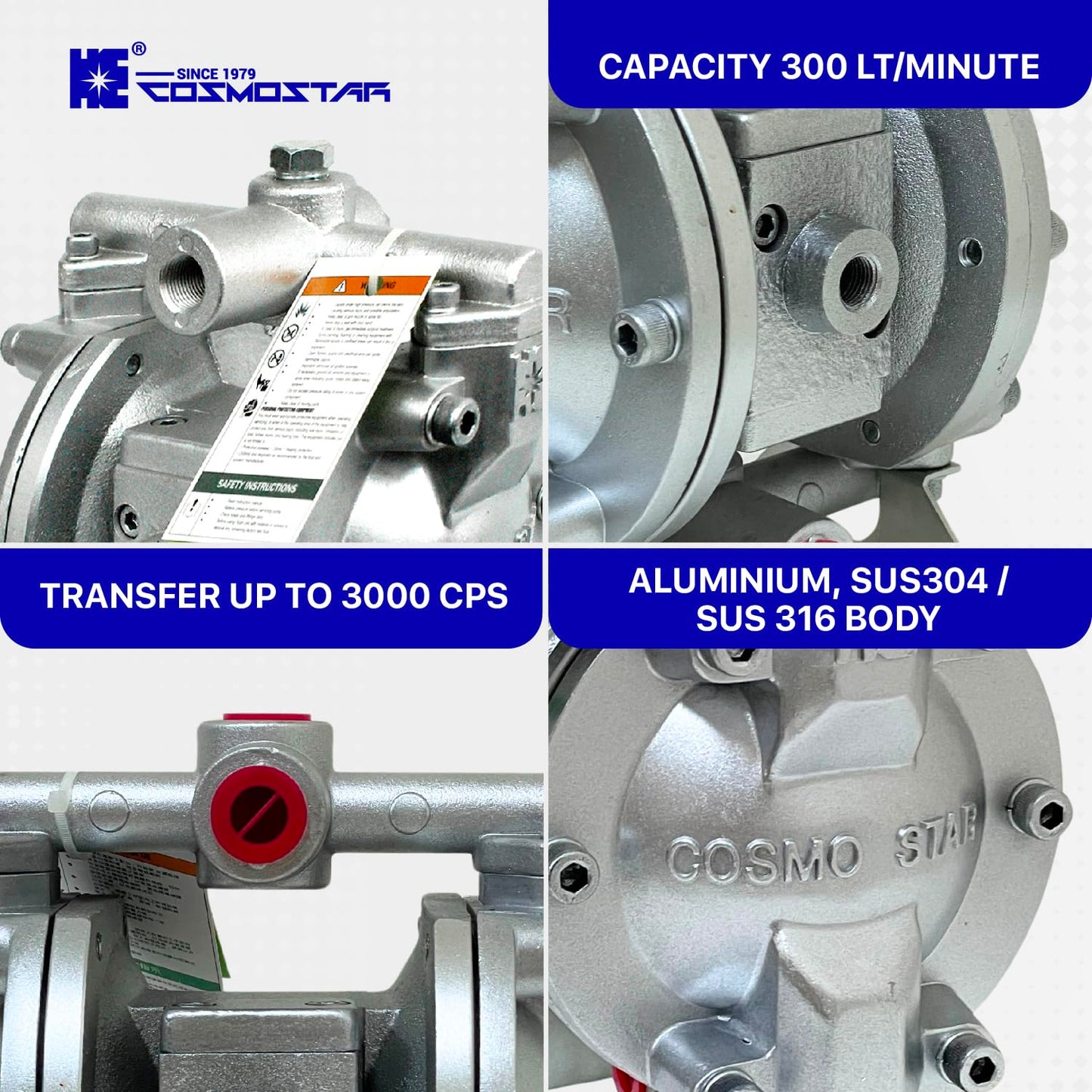 COSMOSTAR D0902 3/8" Double Air Diaphragm Pump, Aluminum Body, Teflon Ball, seat and Diaphragm, Pump Muffler, Pump, Chemical Pump, Waste Oil Pump, Pneumatic Oil Pump, Diaphragm Pumps
