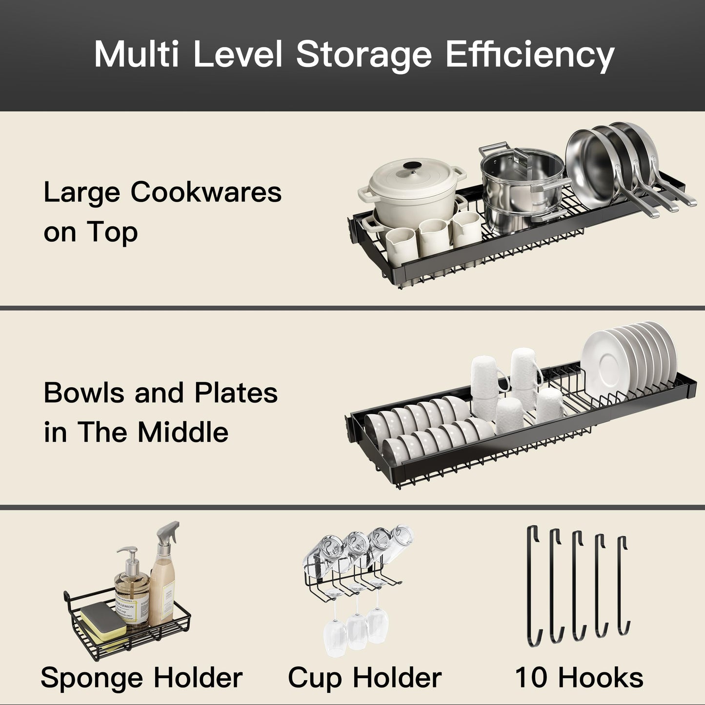 3 Tier Extra Large Stainless Steel Expandable Over The Sink Dish Drainer Drying Rack, Rust Proof Metal, Space Saving, Modern Black Big Capacity Extendable Plate Strainers Above Kitchen Counter