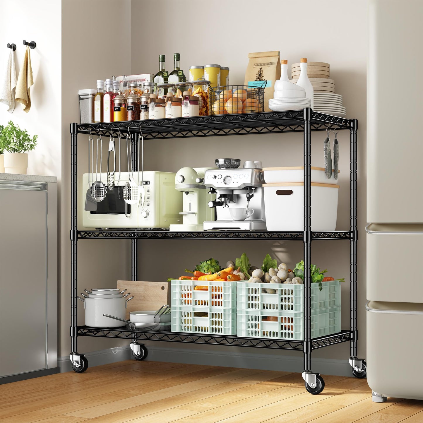 DurayLoly 3 Tier Metal Shelving Unit Adjustable Storage Shelves,Heavy Duty Shelf with Wheels for Kitchen,Office,Bathroom,Easy Assembly Wire Shelving for Laundry,Garage,45" W x 17.7" D x 41" H,Black.