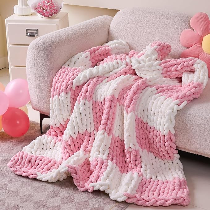 Admitrack Chunky Knit Blanket Throw 51"x63", 100% Hand Knit Chenille Throw Blanket for Sofa & Home Decor, Soft and Cozy Knitted Throw Blankets (Pink Checkered，51"x63")
