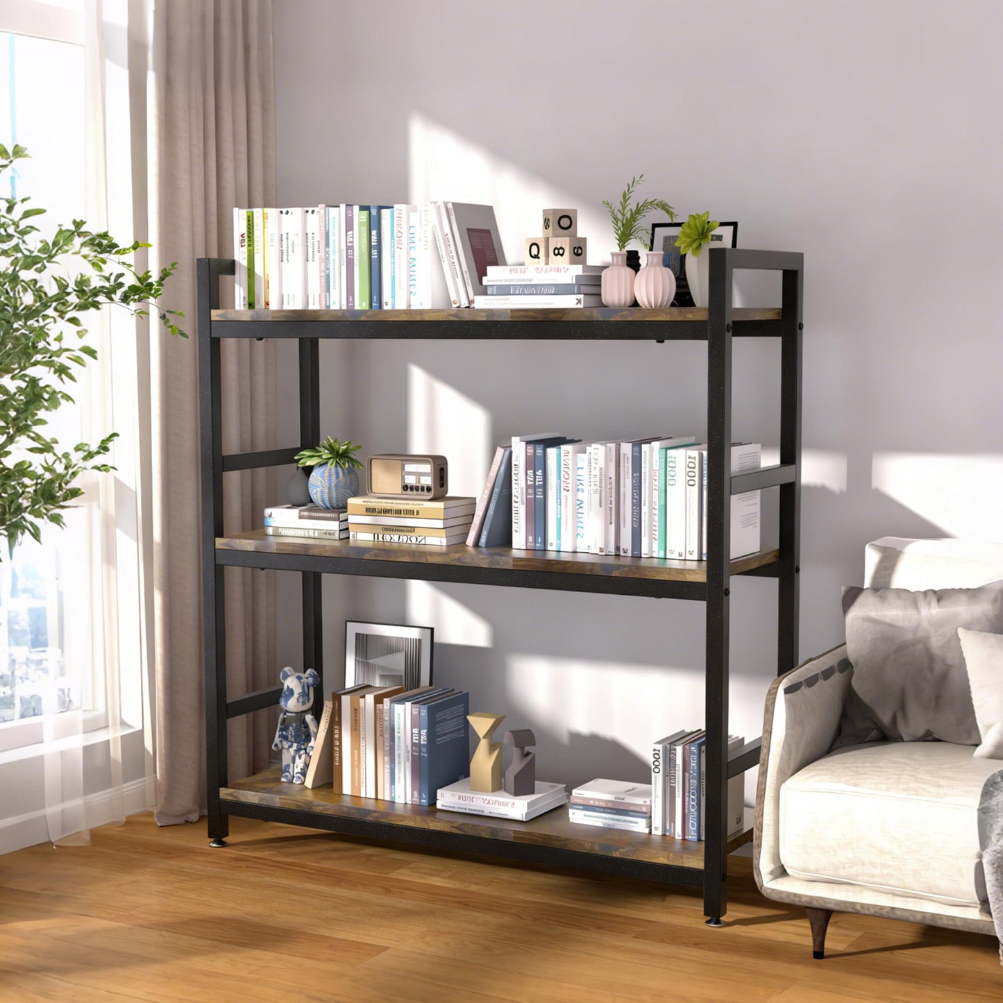 KOSEOO 3-Tier Industrial Bookshelf, 36" Rustic Open Bookcase with Heavy-Duty Metal Frame, Versatile 3-Shelf Storage Rack for Living Room, Bedroom & Home Office, Easy Assembly Display Shelf
