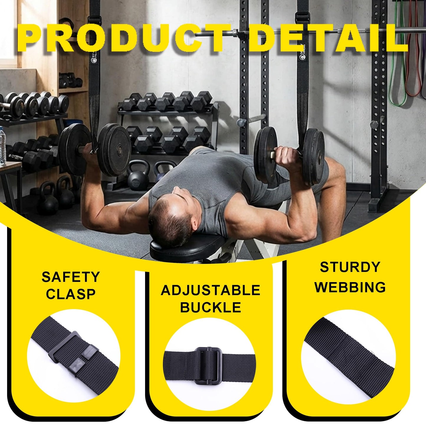 Dumbbell Spotter Straps with Safety Locking Buckle, Adjustable Height Hanging Straps for Chest Bench Press, Heavy Duty Barbell Rack Attachment for Home Gym Solo Training, Prevents Accidental Drops