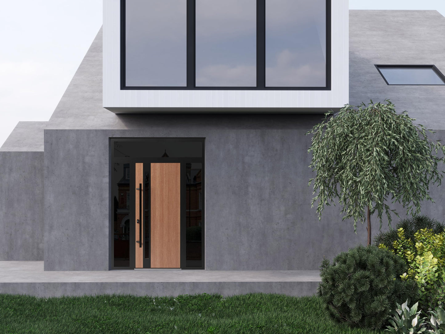VDOMDOORS Front Exterior Prehung Steel Door/Ronex 1033 Teak / 2 Side and Top Exterior Window Sidelite/Entry Metal Modern Painted W16+36+16" x H80+16" Right Hand Inswing