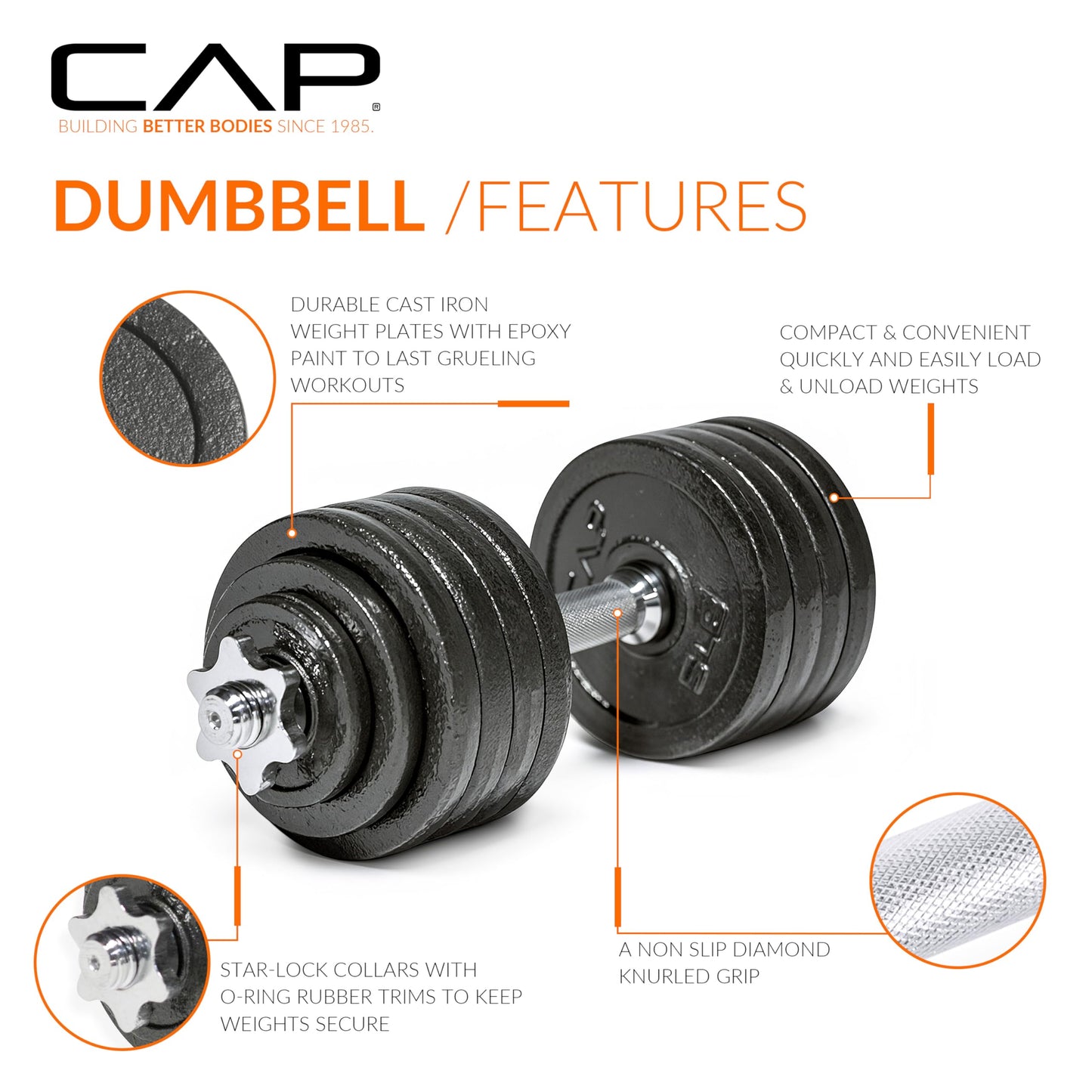 CAP Barbell 52.5 lb Set Adjustable Dumbbell Set - Single Handle | Classic Adjustable Dumbbells with Weight Plates, Star Lock Collars, and Connector for Home Gym Strength Training