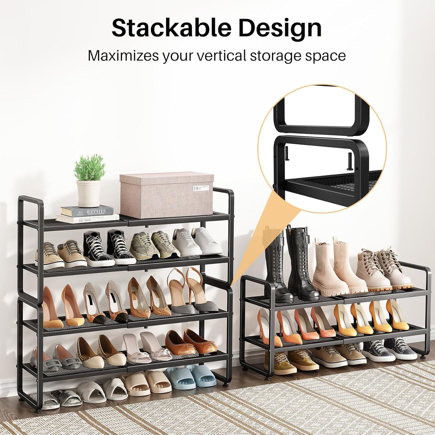SNTD Shoe Rack - Expandable Shoe Organizer with Adjustable Metal Shelves | Stackable 2-Tier Design in Black