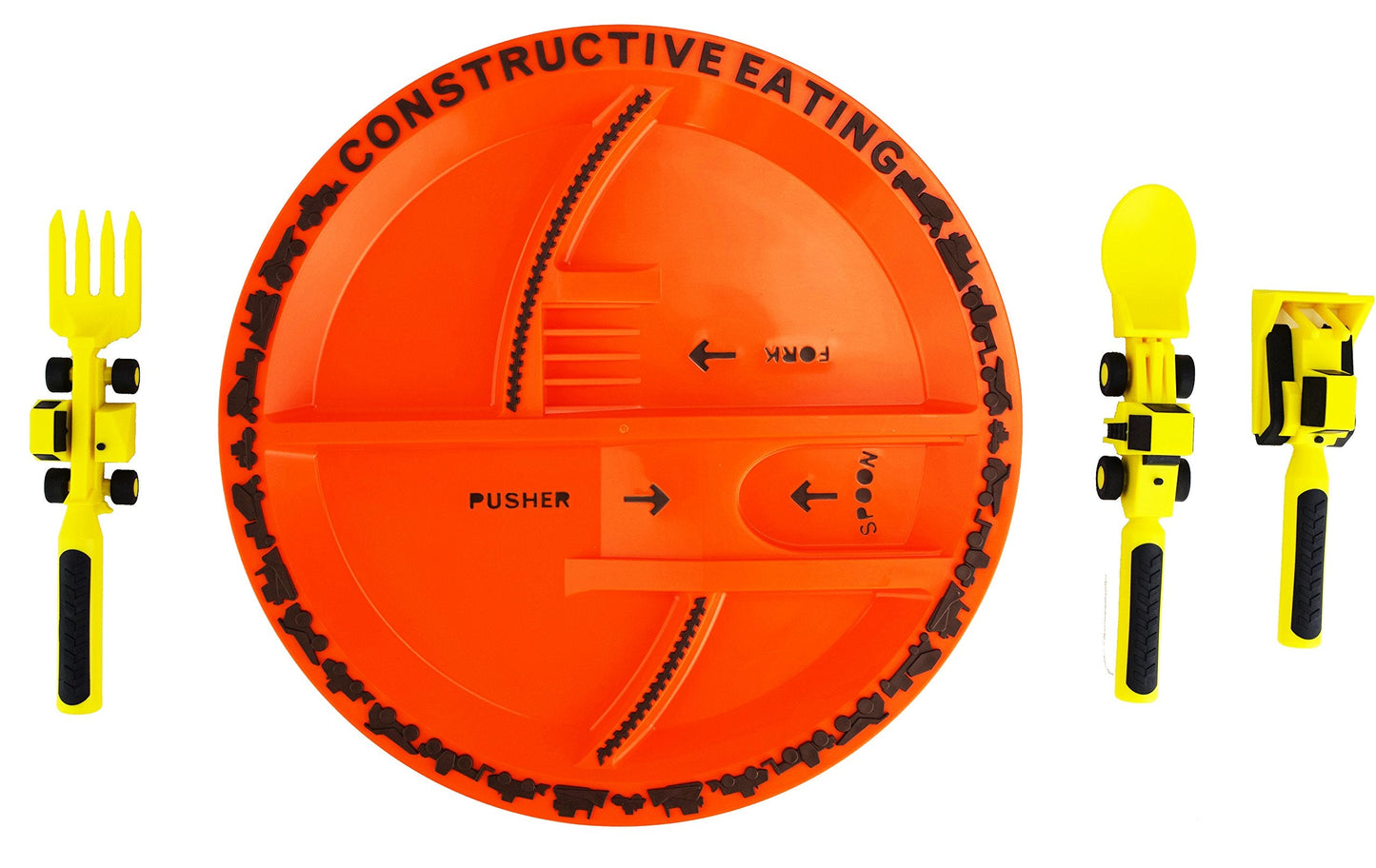 Constructive Eating Made in USA Toddler Eating Set: Kids Placemats for Dining Table with Plate & Utensils, Gifts for 2 Year Old, Toddler Forks and Spoons for Picky Eater (Construction)
