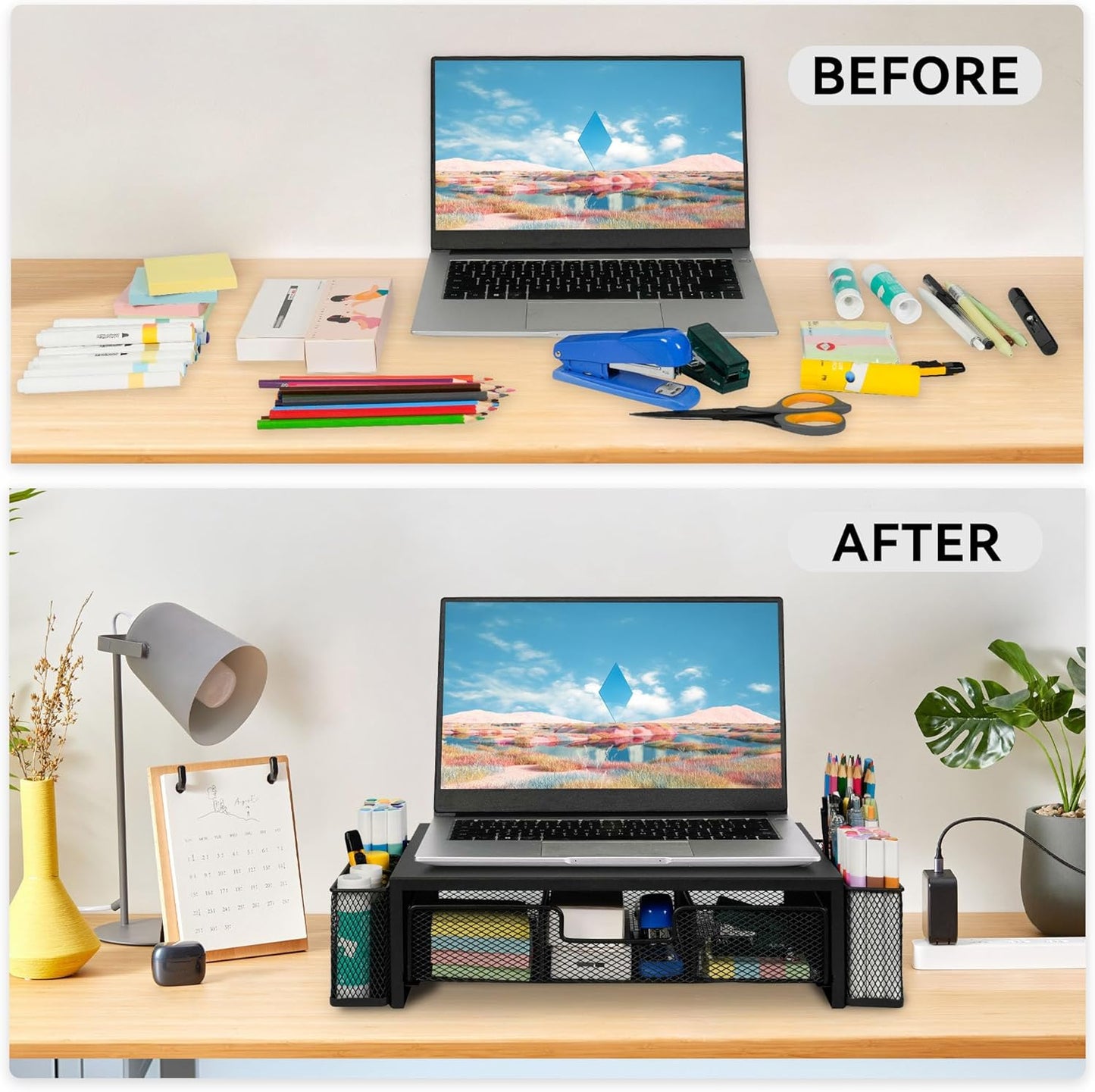 Qupui Computer Monitor Stand Riser with Drawer and Pen Holders, Desk Organizer Shelf and Accessories, Office Desk