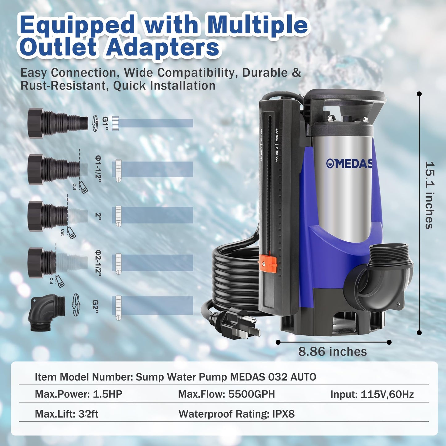MEDAS Automatic Sump Pump,1.5HP 5500GPH Submersible Water Pump Portable Utility Pumps with Auto On/Off, Built-in Float for Swimming Pool Pond Hot Tub Rain Barrel Flooded House Basement