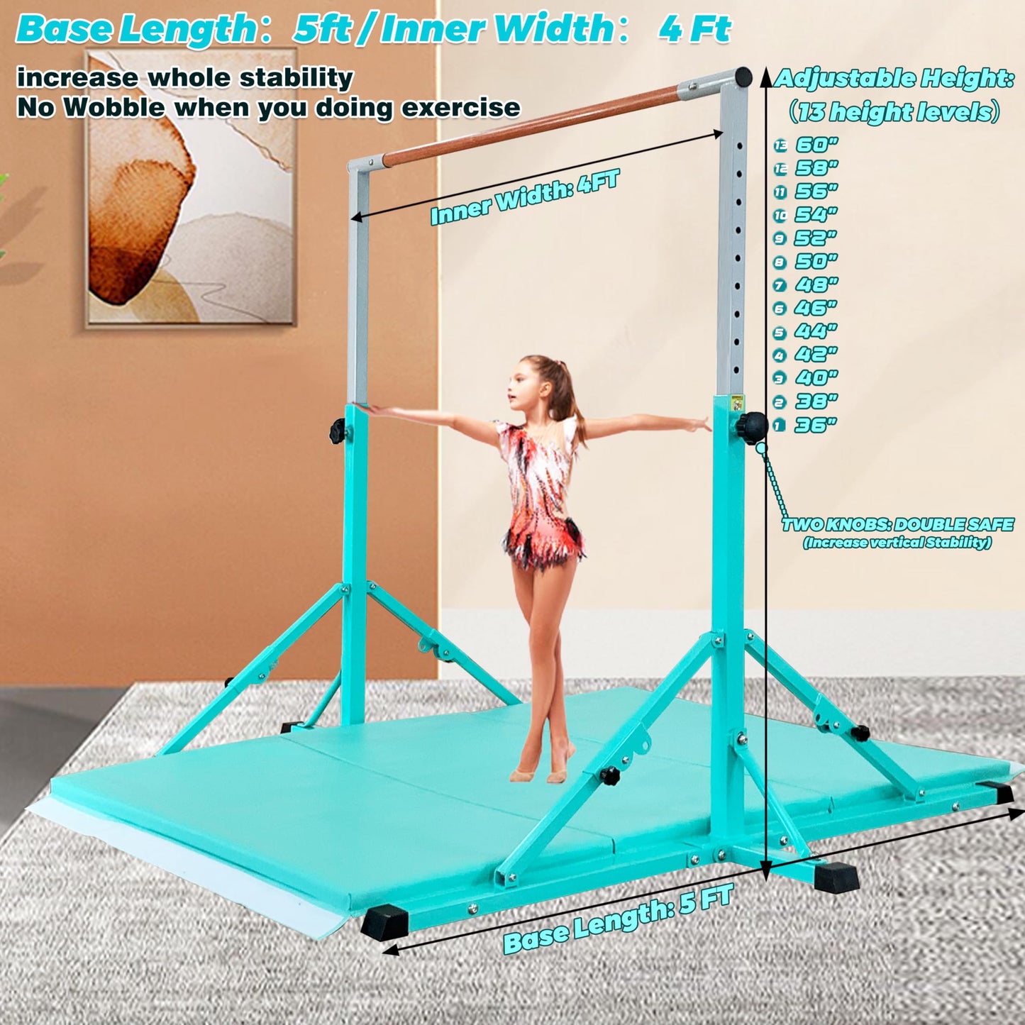 MARFULA Foldable Gymnastic Bar with Mat for Kids Ages 3-20, 350 lbs Weight Capacity, Gymnastic Kip Bar Horizontal Bar for Gymnast, Gymnastic Training Equipment for Home and Gymnastic Center Use