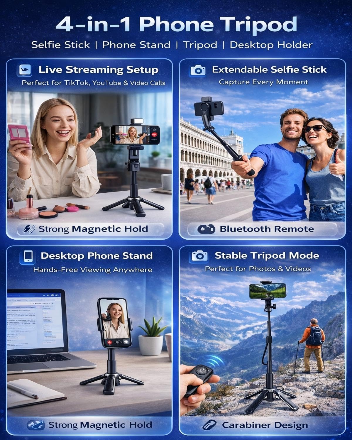 Betunich 4-in-1 Magnetic Mini Selfie Stick Tripod, Extendable Phone Stand with Wireless Remote, Pocket Size for Travel