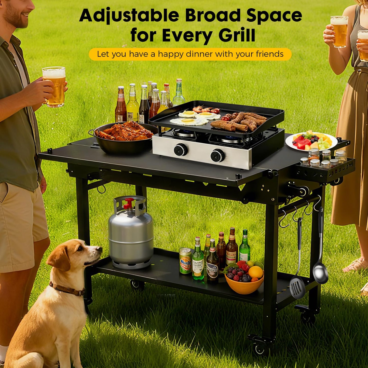 GVGBUK Portable Outdoor Grill Table with Wheels, Heavy-Duty Steel Prep Table, Folding Griddle Stand with Shelves, Bottle Opener, No Assembly Required, for BBQ, Pizza Oven, Patio