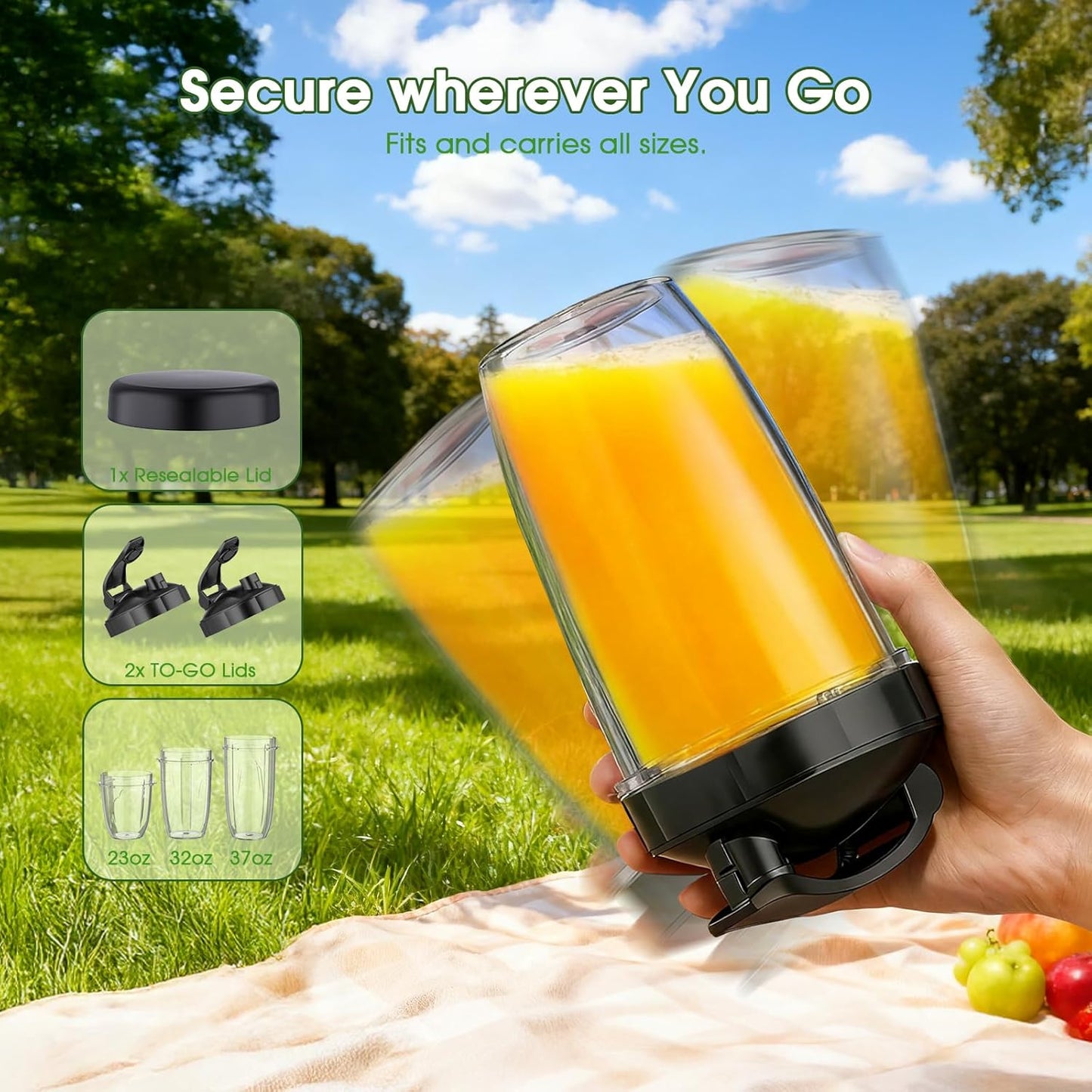 Smoothie Blender - 25000 RPM Portable Kitchen Blender with 37oz, 32oz & 23oz Cups | 2 Spout Lids & Resealable Lid