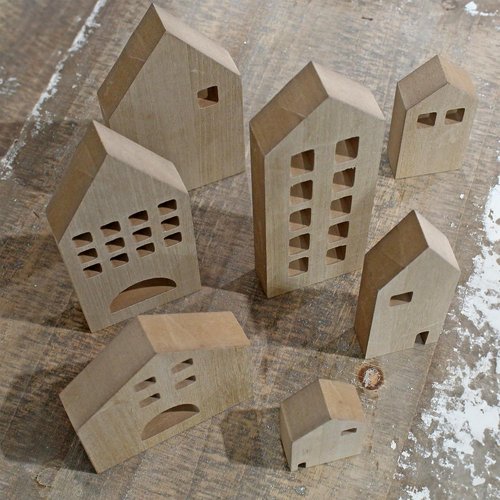 AuldHome Design Wood House Silhouettes - Set of 7 Holiday Decor Cutouts for Christmas