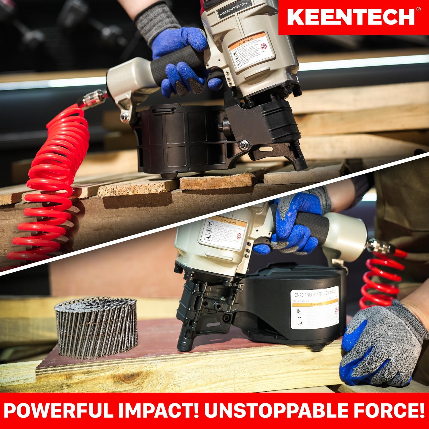 KEENTECH Pneumatic Siding Nail Gun for 1-3/4" to 2-3/4" 15-Degree Nails, Coil Siding Nailer with Bump Firing for Fast Nailing Speed, Coil Nail Gun for Pallet, Siding, Crating, Decking, Framing, CN70