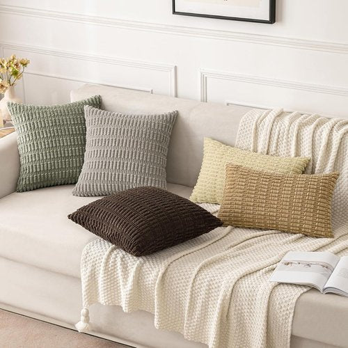 MIULEE Corduroy Throw Pillow Covers - Soft Boho Striped Design | 16x16 Inch Light Olive Green, Set of 2