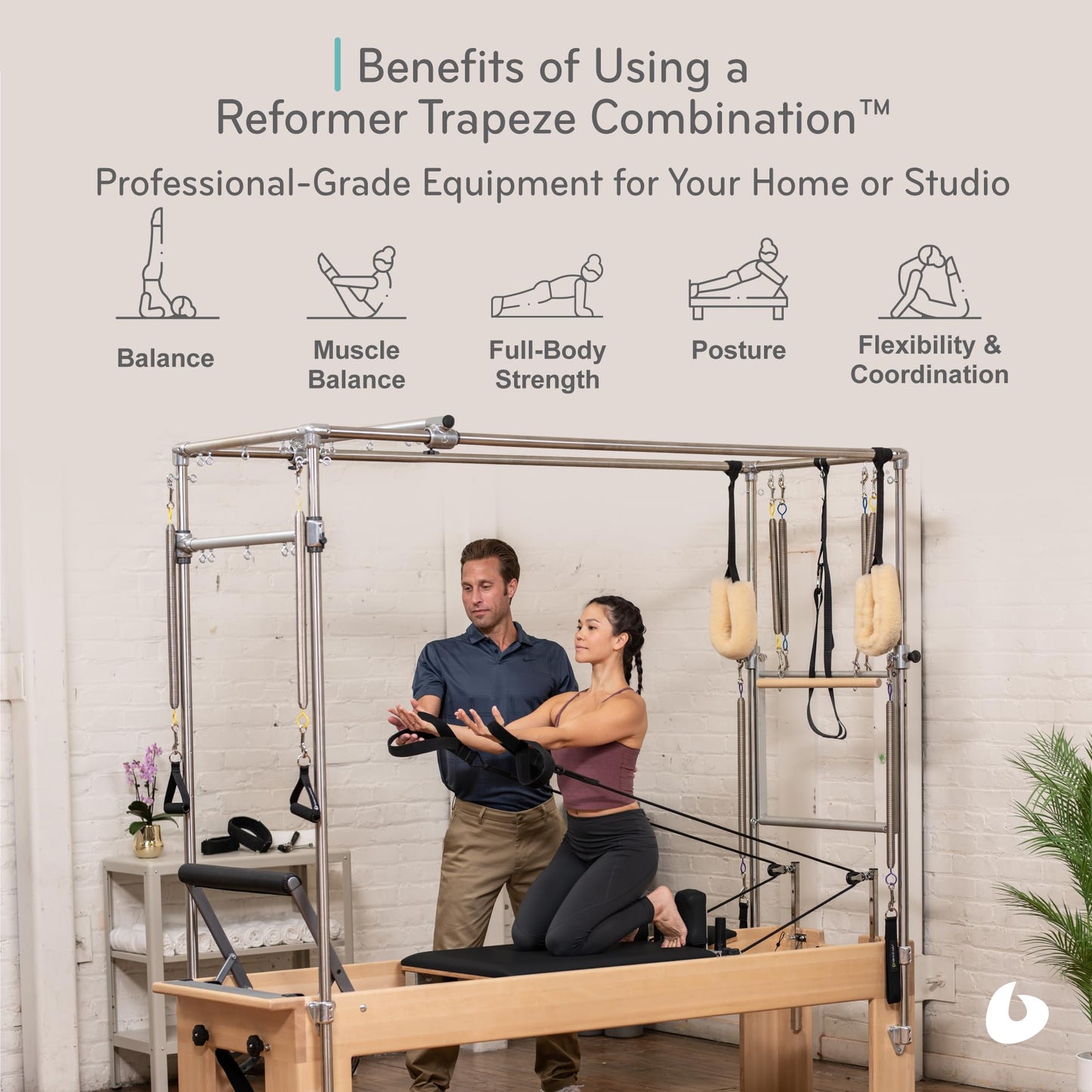 Balanced Body Pilates Reformer with Revo Footbar and Trapeze Combination, Pilates Exercise Equipment, Workout Equipment for Home or Studio