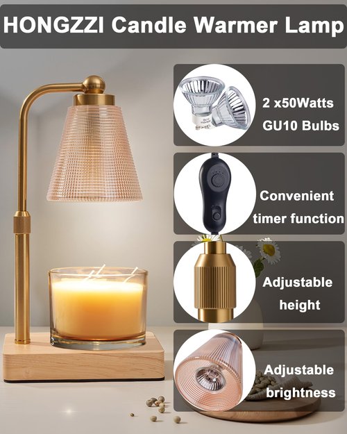 HONGZZI Candle Warmer Lamp - Electric Candle Warmer with Timer, Adjustable Height & Brightness, 2 Replacement Bulbs, 1-Year Warranty - Perfect for Jar Candles, Kitchen, Living Room, Bedroom (Gold)