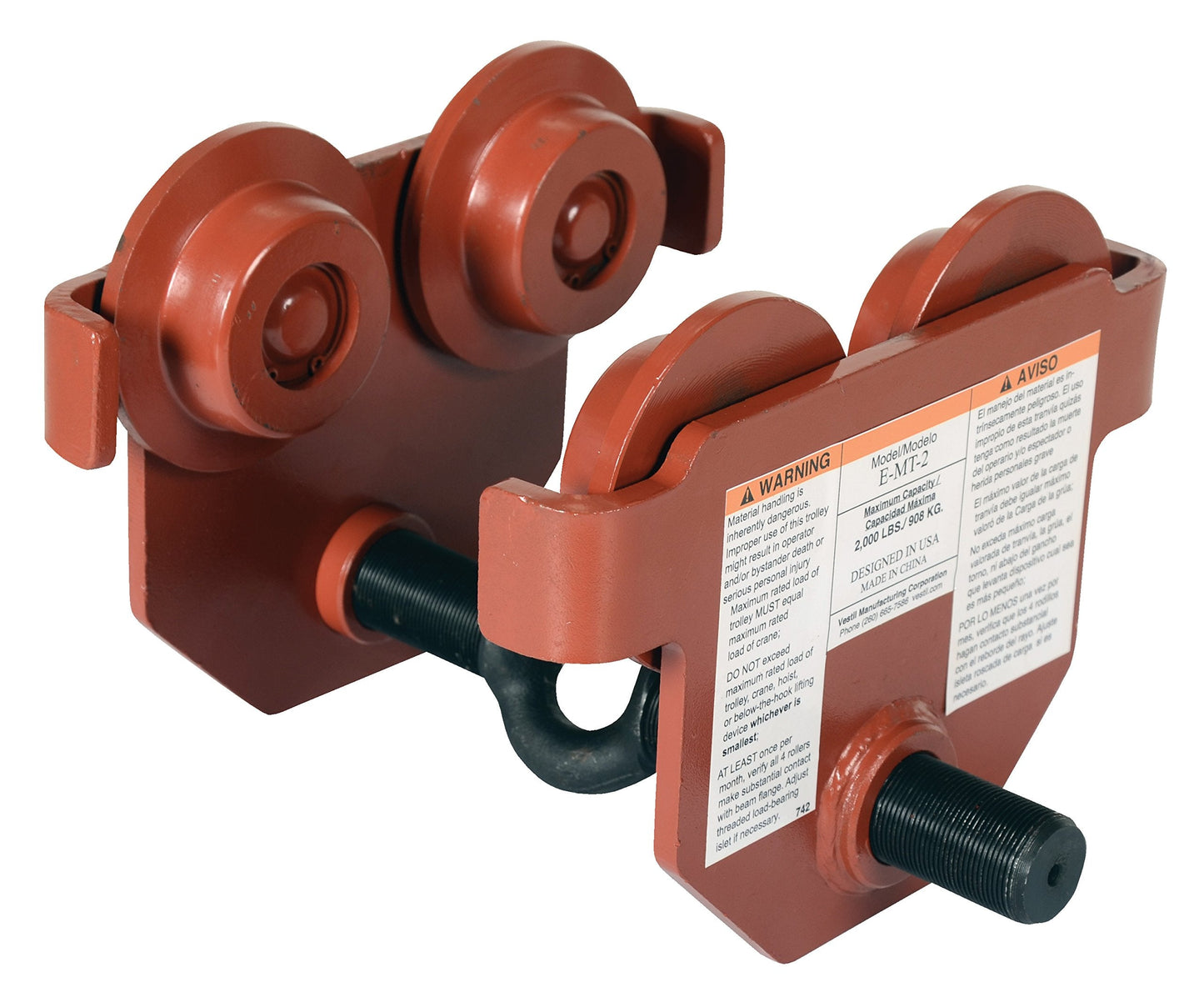 Vestil E-MT-2 Steel Push Eye Manual Trolley 2000 Lb. Capacity Orange
