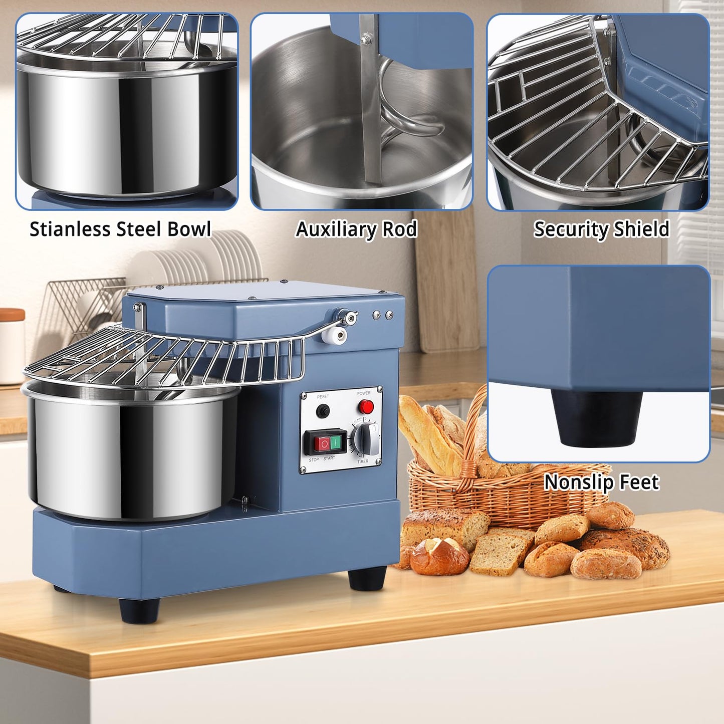 Commercial Dough Mixer 8.5QT with Timer Function, 450W Commercial Food Mixer Dual Rotating Dough Kneading Machine with Food-grade Stainless Steel Bowl, Security Shield