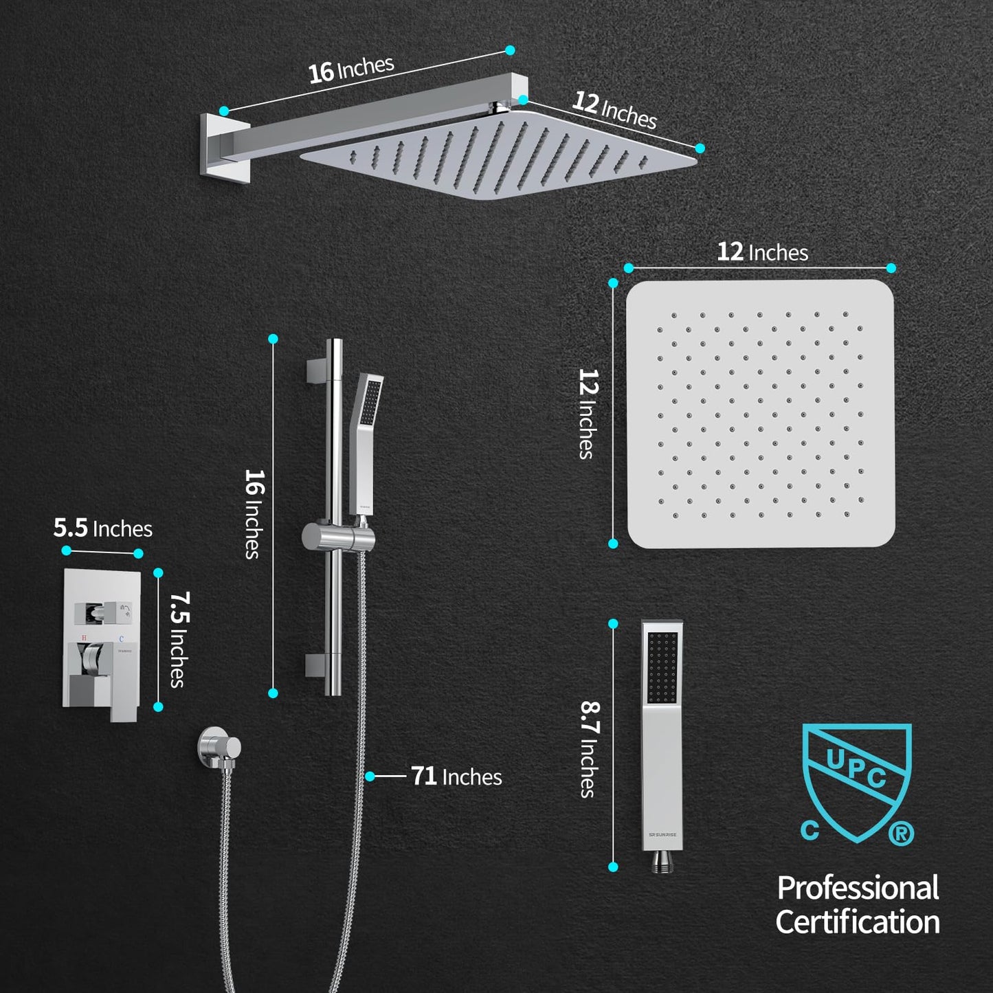 SR SUN RISE 12 Inch Slide Bar Shower System, Square Rain Shower Head and Handheld Spray, Wall Mounted Shower Faucets Sets Complete Included Valve and Shower Trim Kit, Polished Chrome
