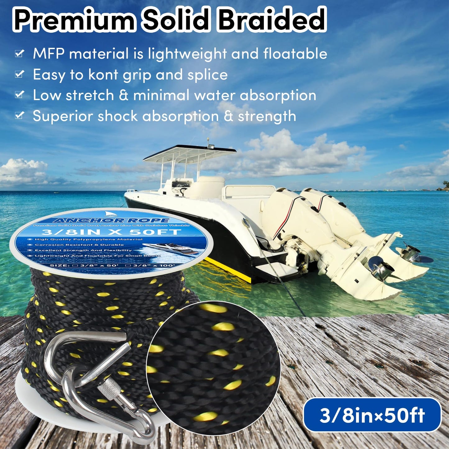 BALAVA Anchor Rope 50FT x 3/8in,Premium Solid MFP Braided Anchor Rope Anchor Line,Boat Anchor Rope with Stainless Steel Thimble & Snap Hook,Boat Rore Marine Rope for Anchors and Boats(Black/Yellow)