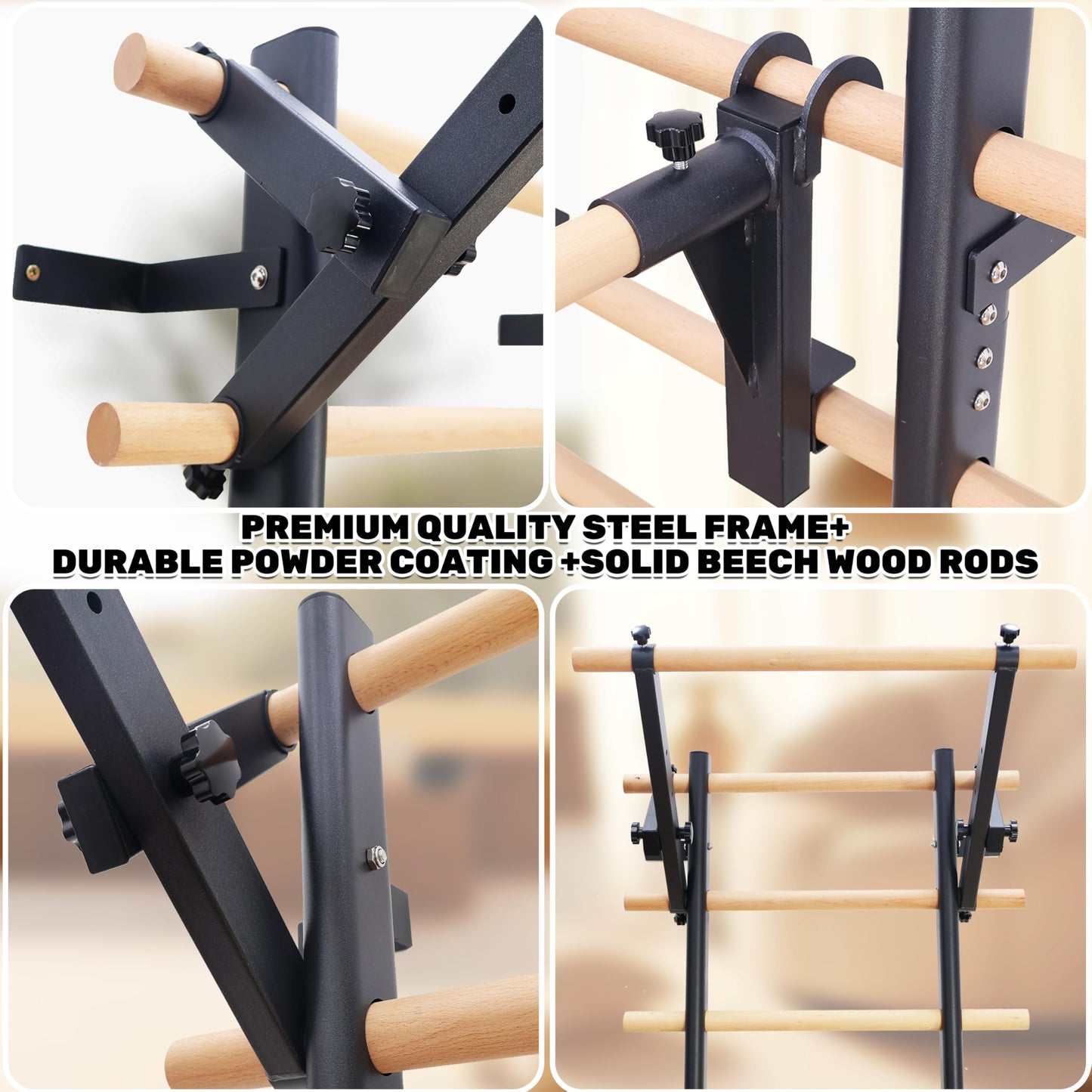 PreGymnastic Stall Bars, Swedish Ladder for Adult and Kids, Wall Bar with Solid Beech Wood Rods, Durable Steel Frame, Adjustable Pull Up and Dip for Strength, Flexibility at Home Gym, Studio
