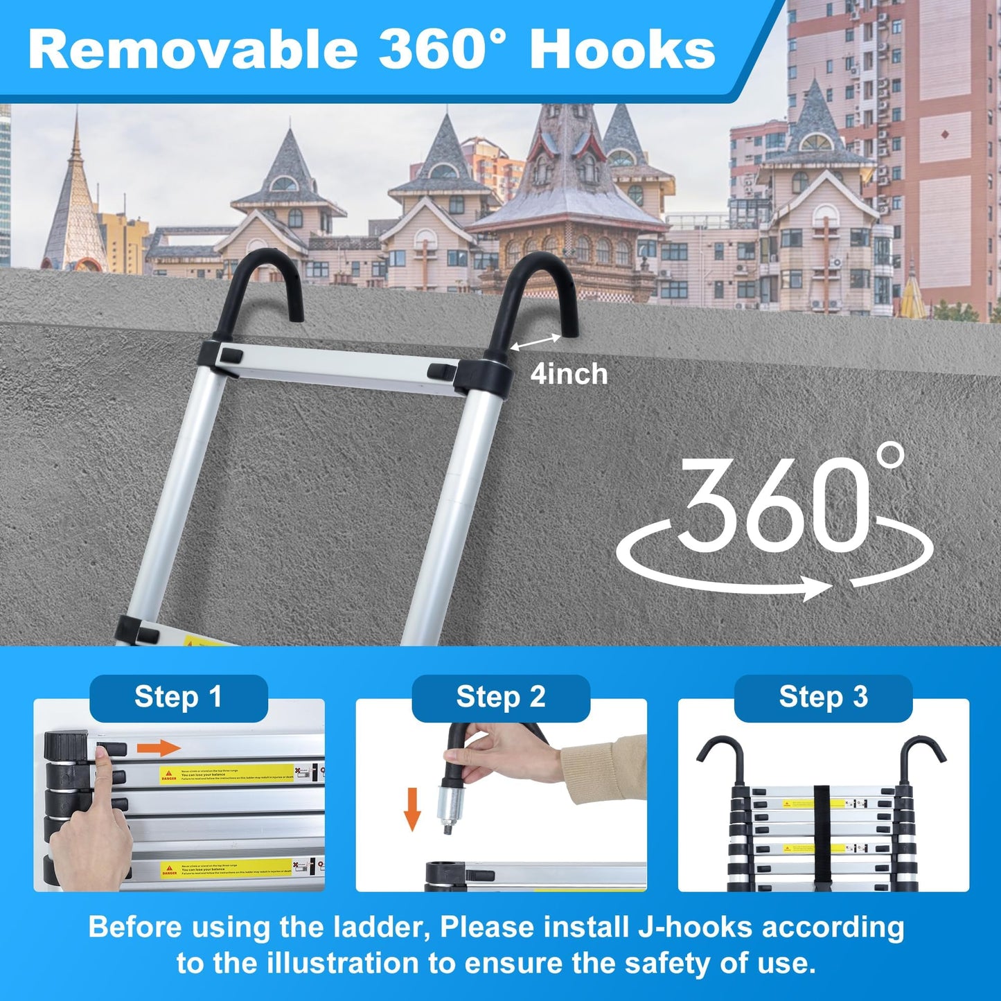 Wolec 16.5 FT Telescoping Ladder with Hooks, Adjustable Multi-Purpose Collapsible Extension with Stabilizers & Wheels, Heavy Duty 330 lbs Max Capacity, Ideal for Home and Outdoor Work,Silver