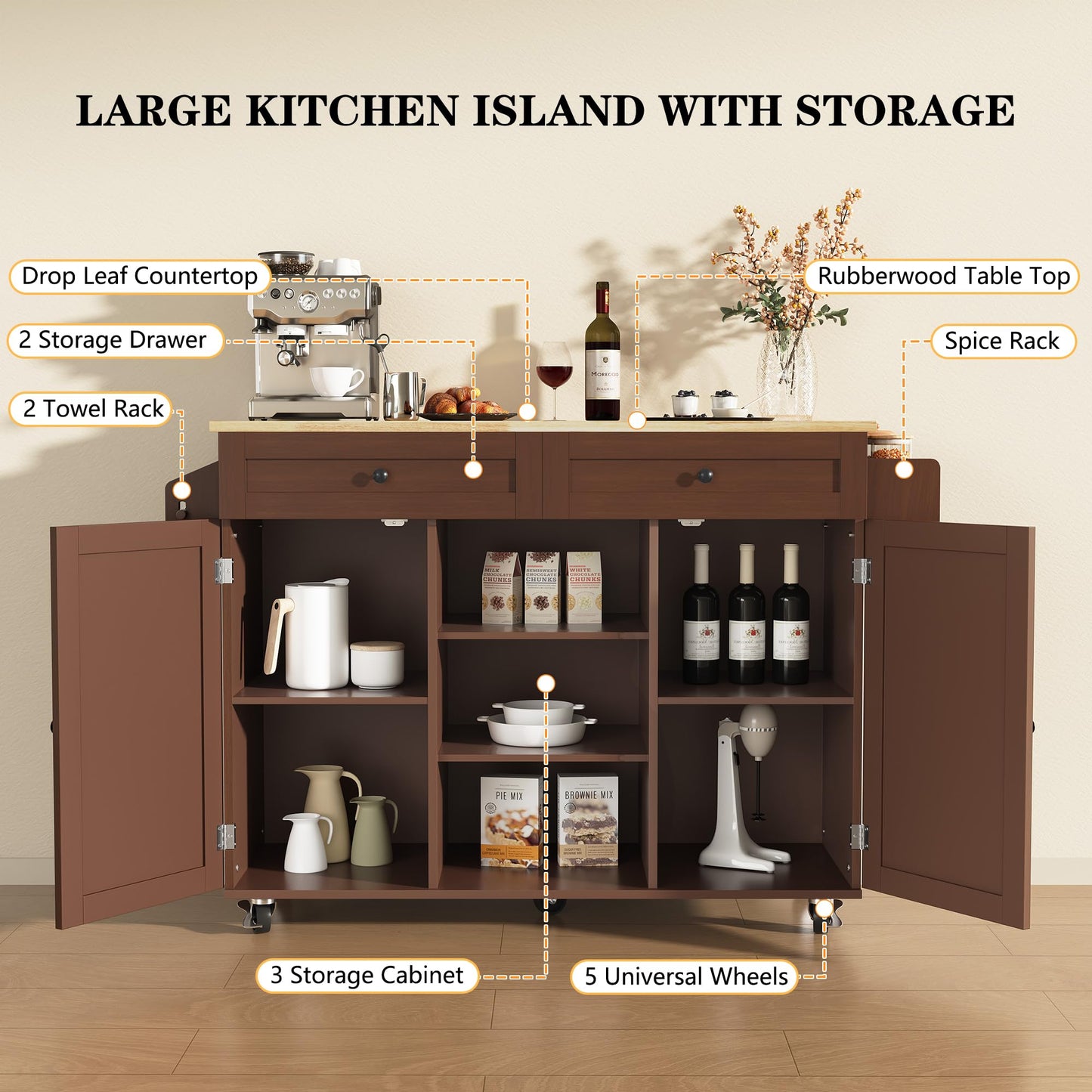 HLR Kitchen Island On Wheels, Brown Rolling Kitchen Island Cart with Solid Wood Drop Leaf Breakfast Bar, Barn Door Kitchen Islands with Storage Cabinet and Tower Rack, Island Table for Kitchen