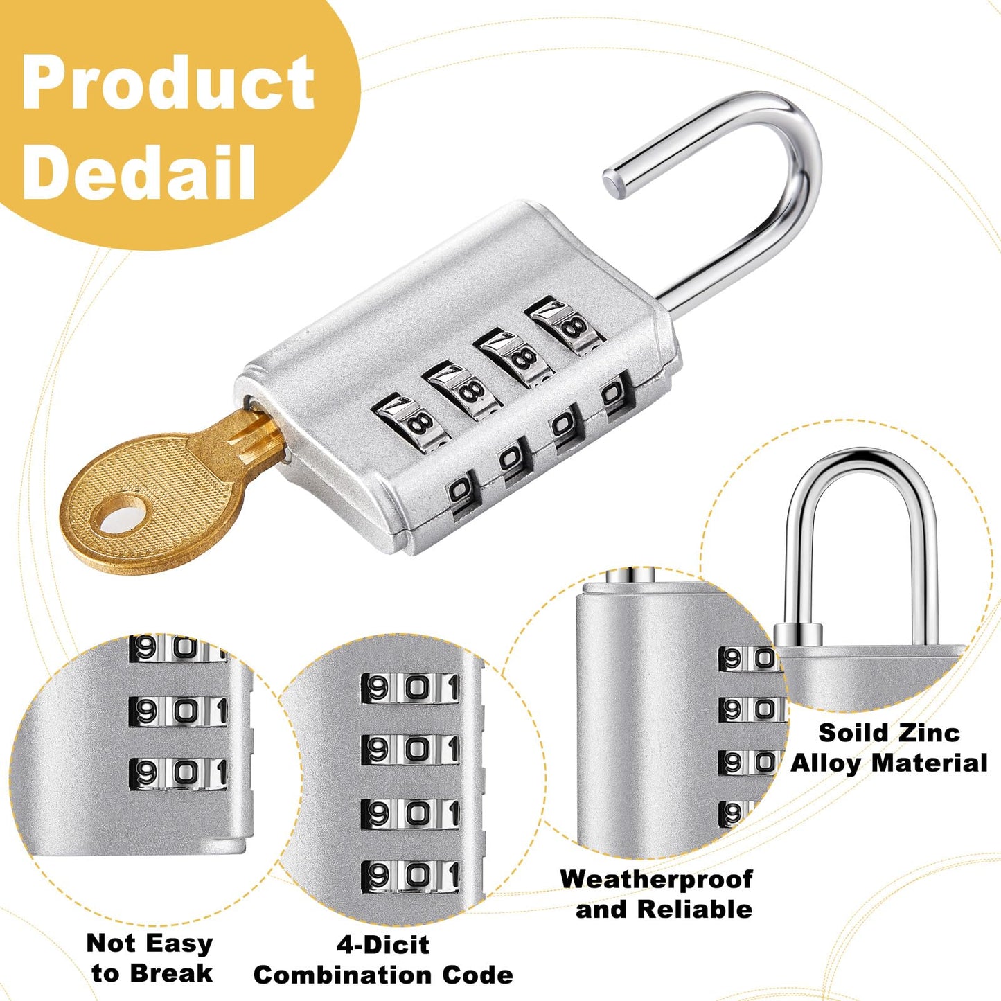 Kenning 10 Pcs Combination Padlock 4 Digit Combination Lock with Keys Locker Resetable Security Outdoor Waterproof Gate Lock for School Sports Gym Locker Employee Fence Case (Silver)