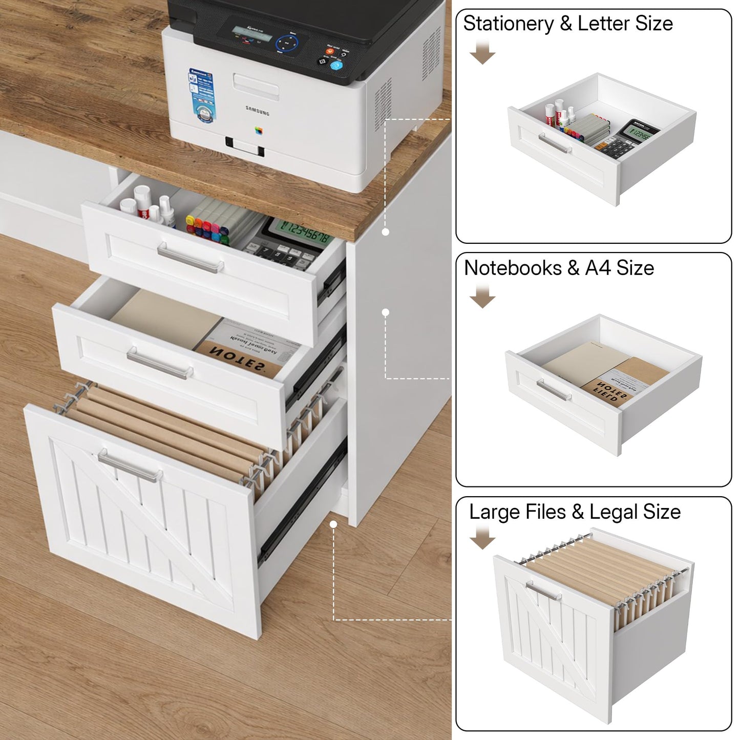 ZIMASYA 71" L Shaped Executive Desk with File Cabinet Drawers Outlet USB,Height Adjustable Office Desk Privacy Panel Sit-Stand Workstation for Boss Managers Home Farmhouse, Walnut & White