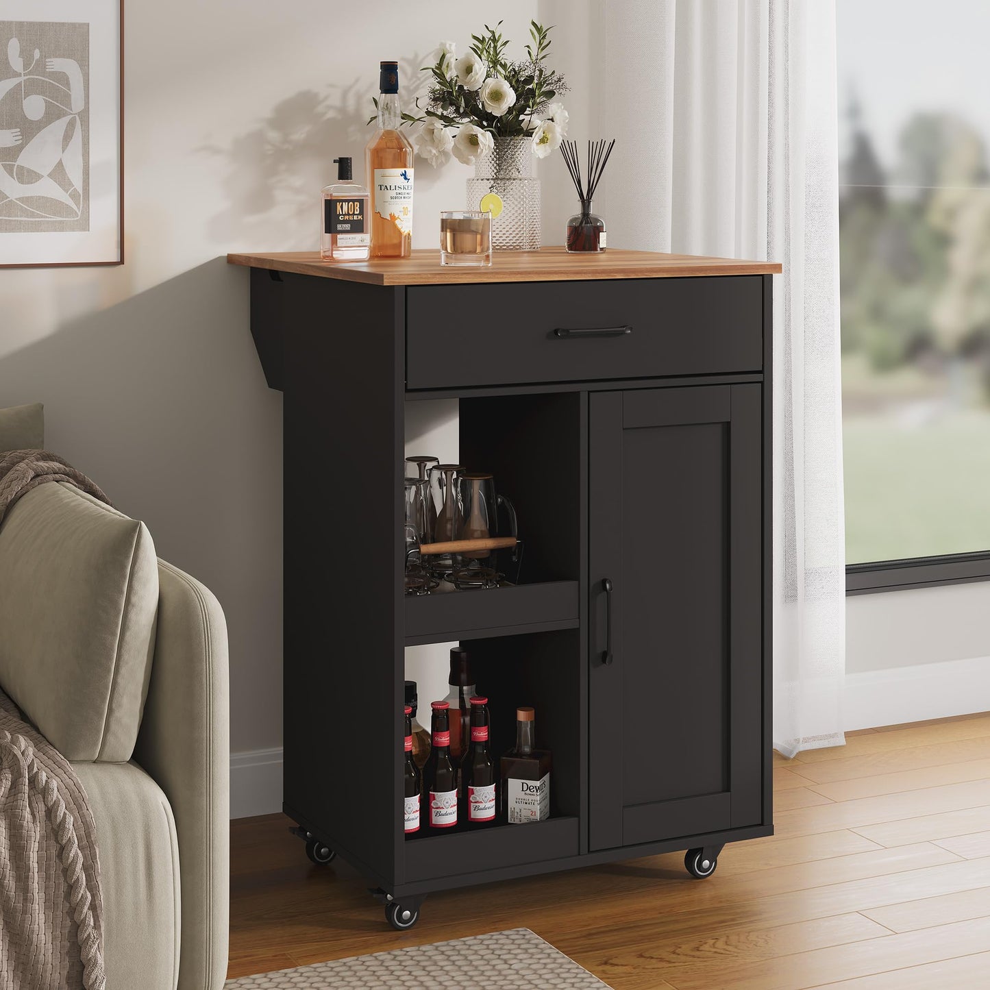 GarveeLife Kitchen Island with Drop Leaf, Rolling Kitchen Island on Wheels with Storage, Island Cart with 2 Open Shelves,1 Drawer for Kitchen, Dining Room