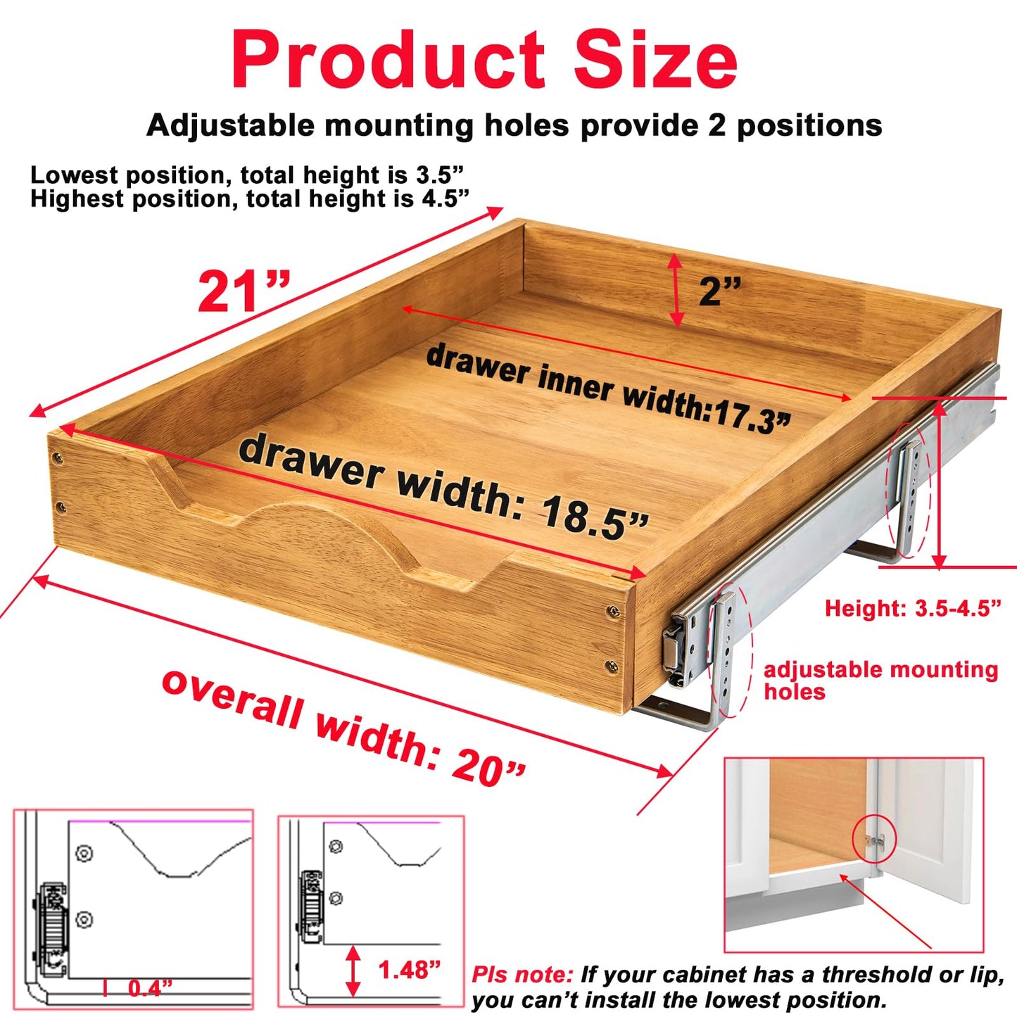 DINDON 1 Tier Pull Out Cabinet Organizer (20" W x 21" D) Single Tier Heavy Duty Slide Out Wood Drawer Under Sink Shelf Organization Storage