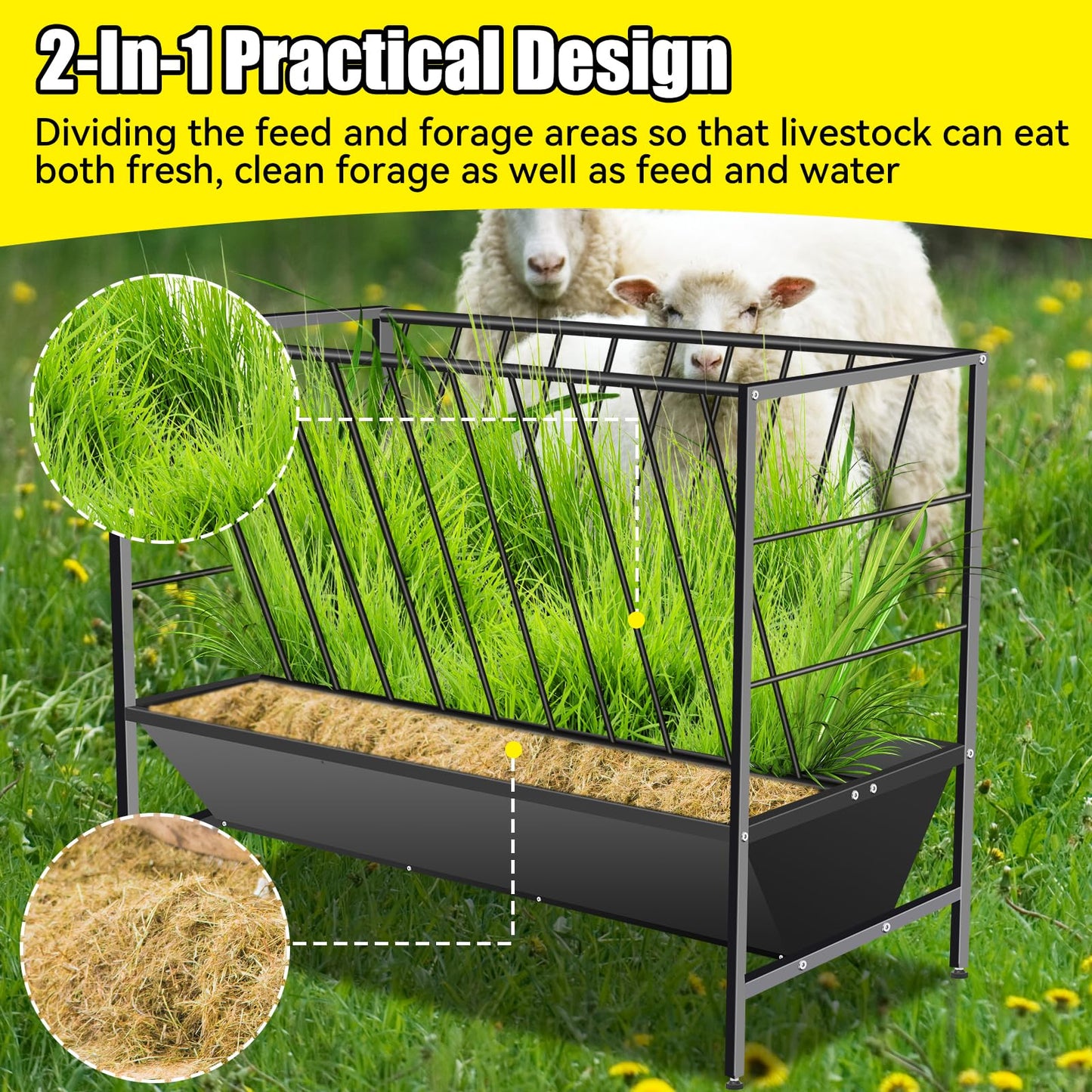 YXJSTO Pasture Hay Feeder 69 Gallon, Livestock 2 in 1 Hay and Grain Feeder, Heavy-Duty Galvanized Metal Goat Feeder with 2 Trays, Pasture Feeder for Goat, Sheep, Foal, Sheep