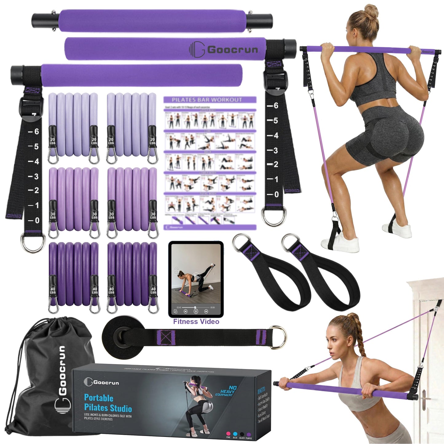 Goocrun Pilates Bar Kit with Resistance Bands for Men and Women - 3 Set Exercise Resistance Bands - Portable Multifunctional Home Gym - Supports Full-Body Workouts – with Fitness Poster and Video