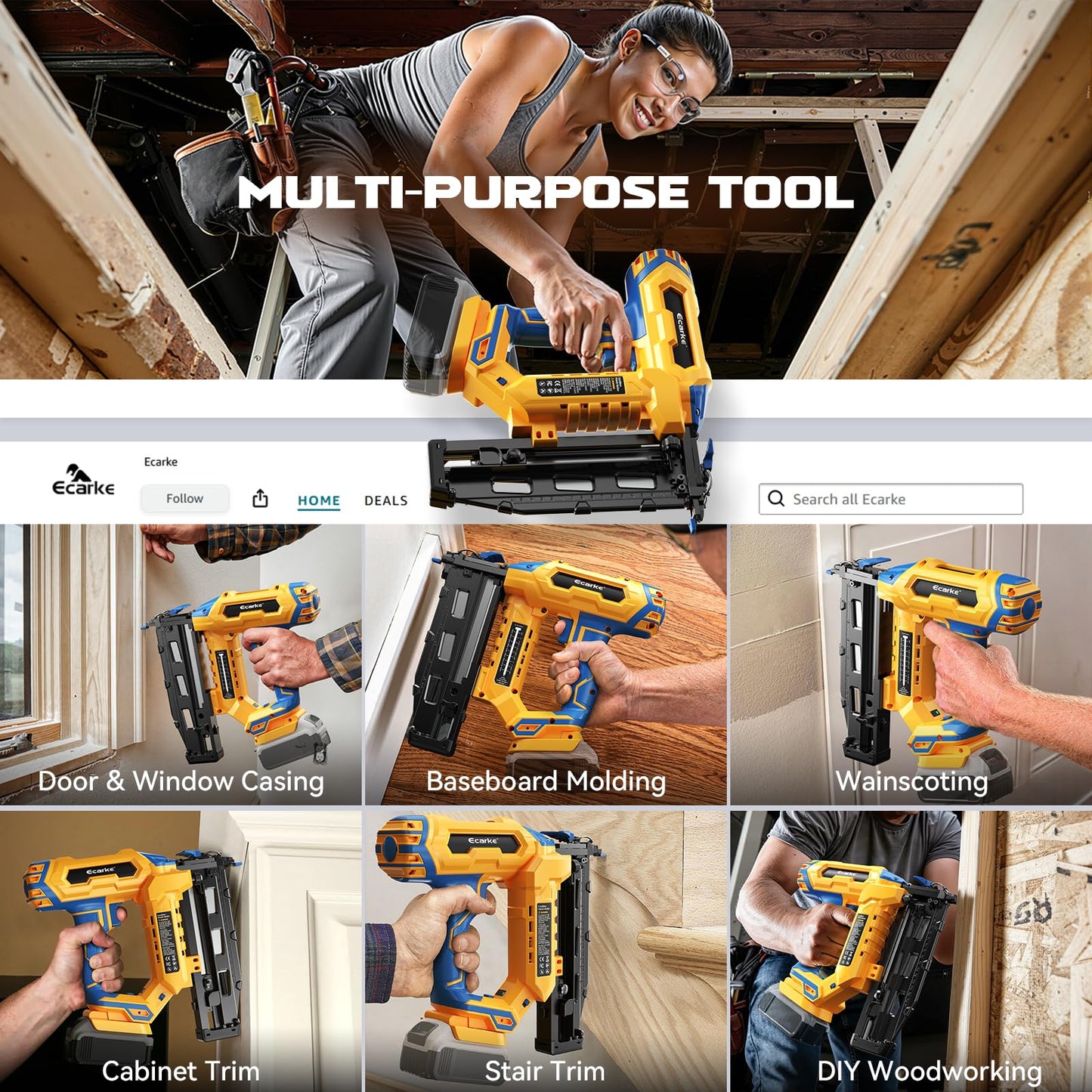 Ecarke Finish Nailer 16 Gauge Compatible with Dewalt 20V Battery, 3/4 to 2-1/2 Inch Cordless Straight Brad Nailer, Tool-Free Adjustment, Dual Firing Modes Nail Gun for Finish Work,Tool Only, 5.7 lbs