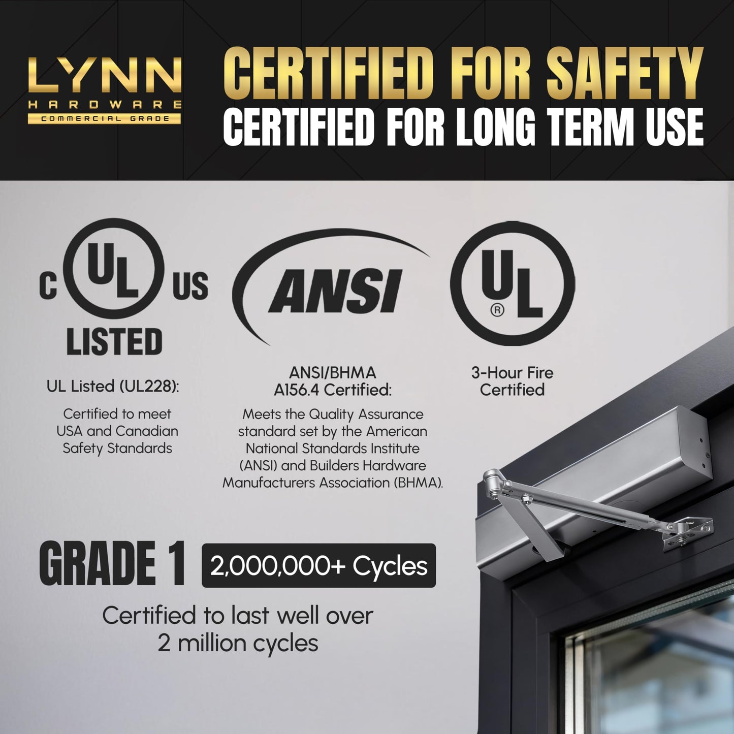 LYNN HARDWARE Heavy Duty Automatic Door Closer (Silver) - Commercial Grade, Contractors Choice, Adjustable Speed & Force, Delayed Closing Timer, 3 Mounting Options, 3 Hour Fire Rated (DC8016 Model)