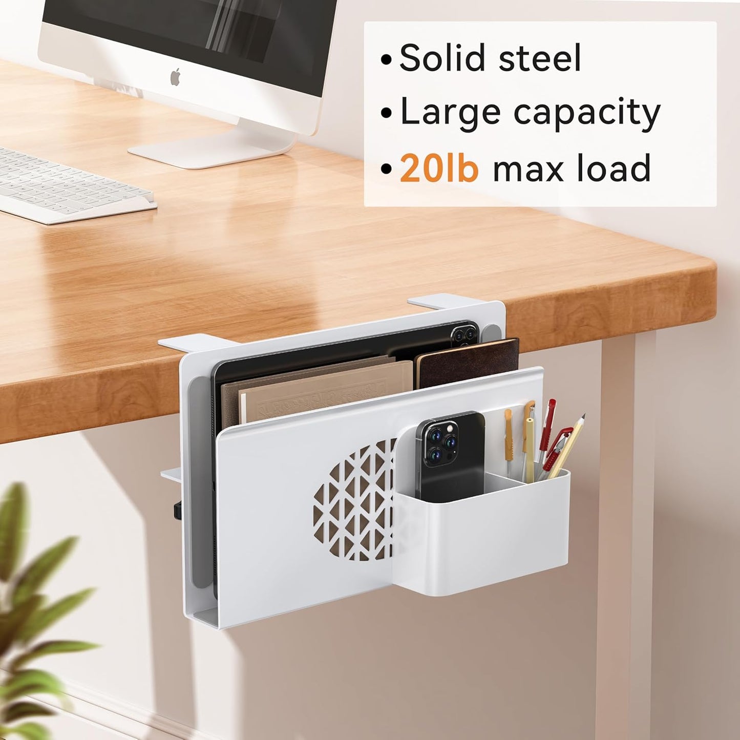 Josmimic Desk Side Storage, Metal Laptop Holder with Magnetic Pen Box, Clamp-On Under Desk Organizer with Cooling Holes