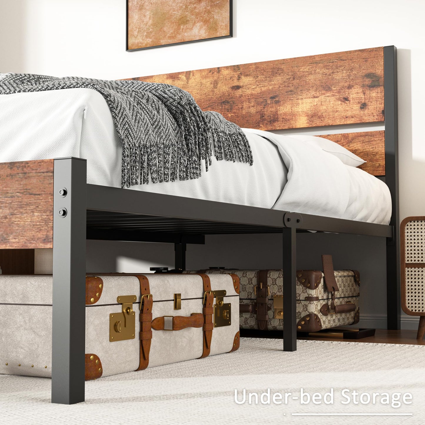 VECELO Queen Size Bed Frame with Wood Headboard, Heavy-Duty Metal Slats Support, Easy Assembly, No Box Spring Needed, Brown