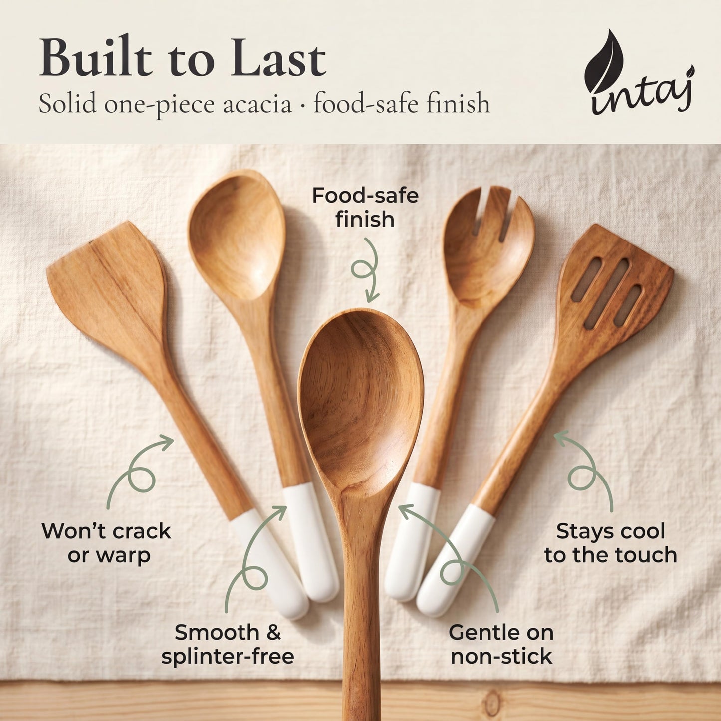 INTAJ Wood Kitchen Utensil Set – Handmade Wooden Spoons & Spatula for Cooking and Serving 5-Piece Acacia – Durable, Smooth Surface & Gentle on Cookware – Easy to Clean Kitchen Tools