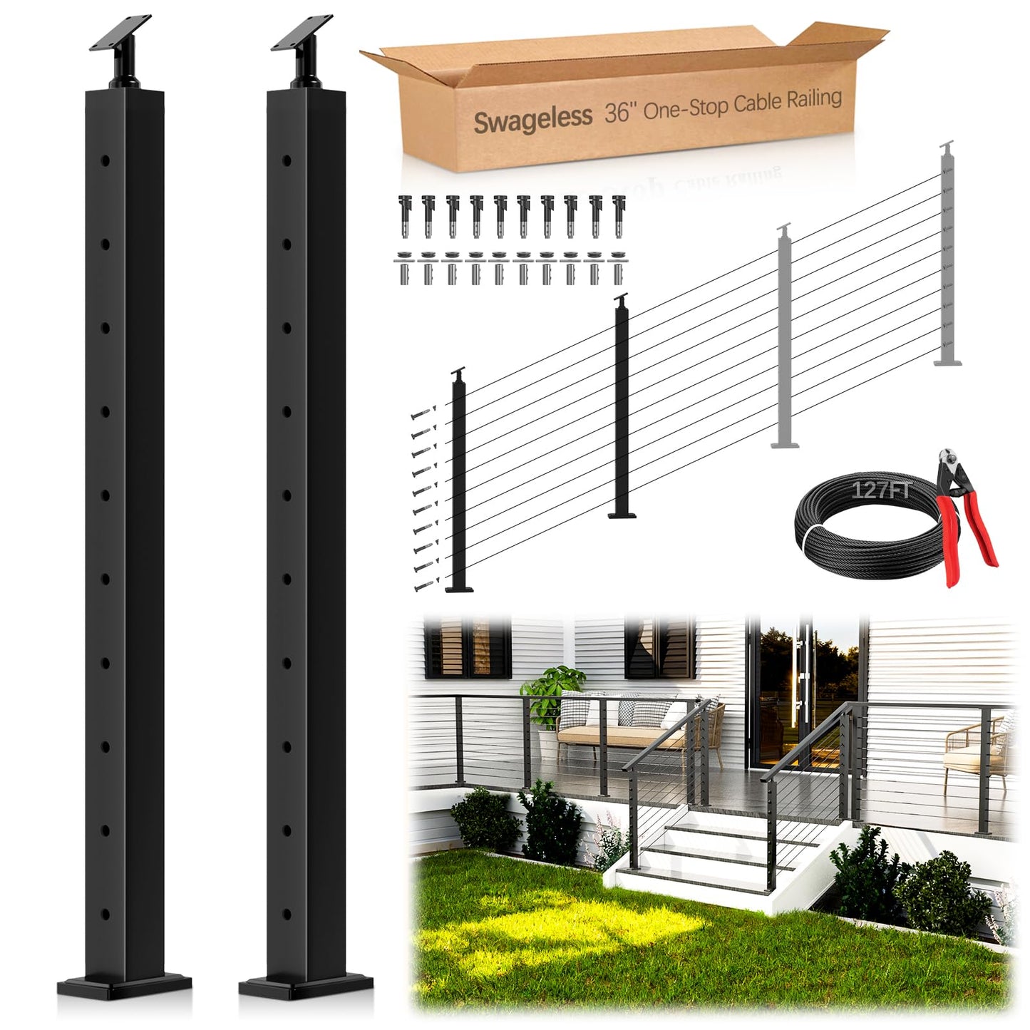 Gyykzz 4-12FT Swageless Black Stair Cable Railing Kit 36Inch 2 Stair Post Kit Fit 28-38 Degree Stairway, Cable Railing System with Patent Terminal for Staircase, Railing Kit Length Adjustable Easy DIY