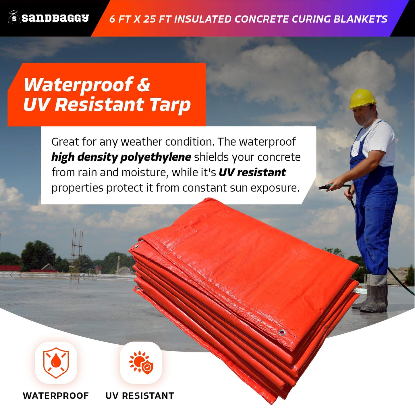 Sandbaggy Concrete Blankets Insulated 6 ft x25 ft with Grommets (max R-Value 3.35) - Waterproof, UV Resistant - Concrete Curing Tarp, Cement (2, 6 ft x 25 ft)