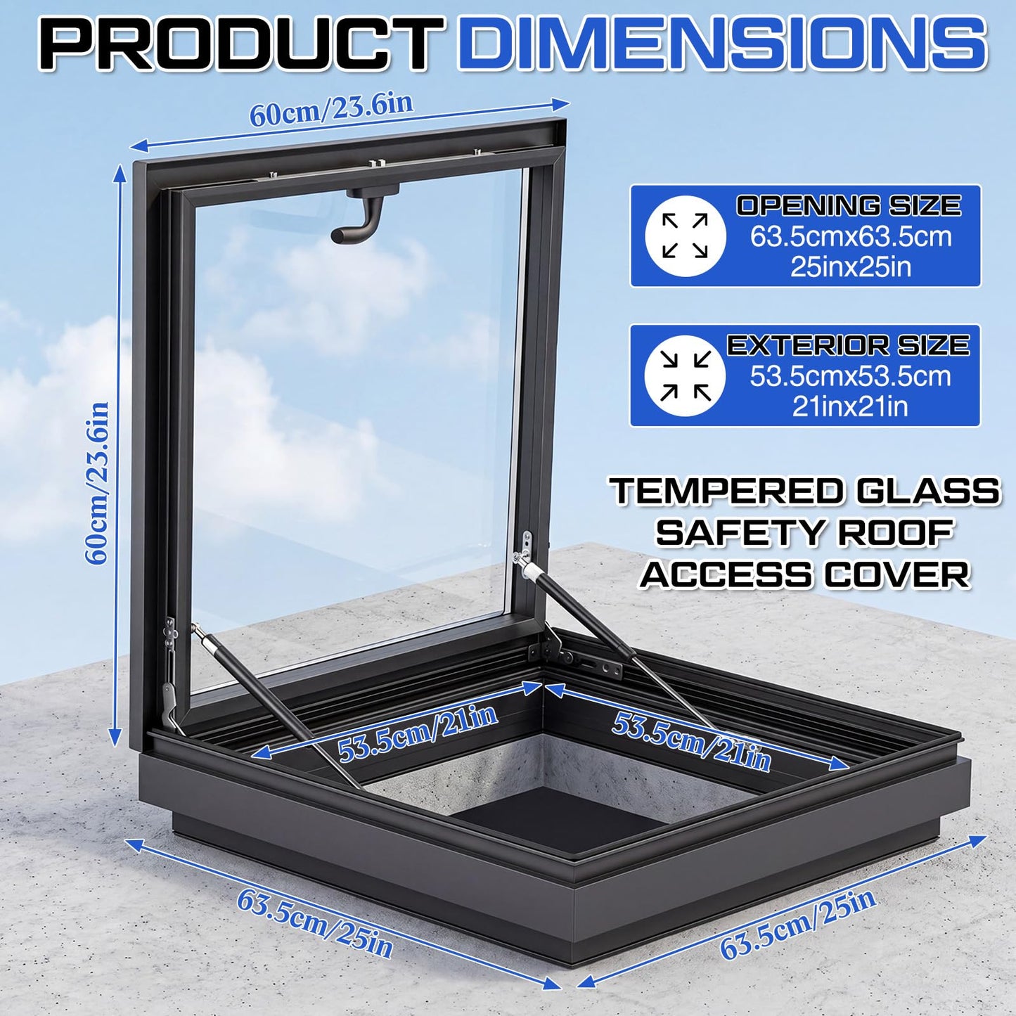 Gisafai Skylight Roof Window Tempered Glass Security Lighting Well Window Flush Mount Roof Access Hatch Basement Lighting Venting Deck Viewing Cover for Sunroom Garage, 23.6 Inch