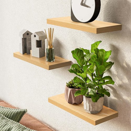 BAYKA Floating Wall Shelves - Rustic Wood Design for Bathroom, Bedroom & Living Room | Set of 3, Light Oak 15.7in