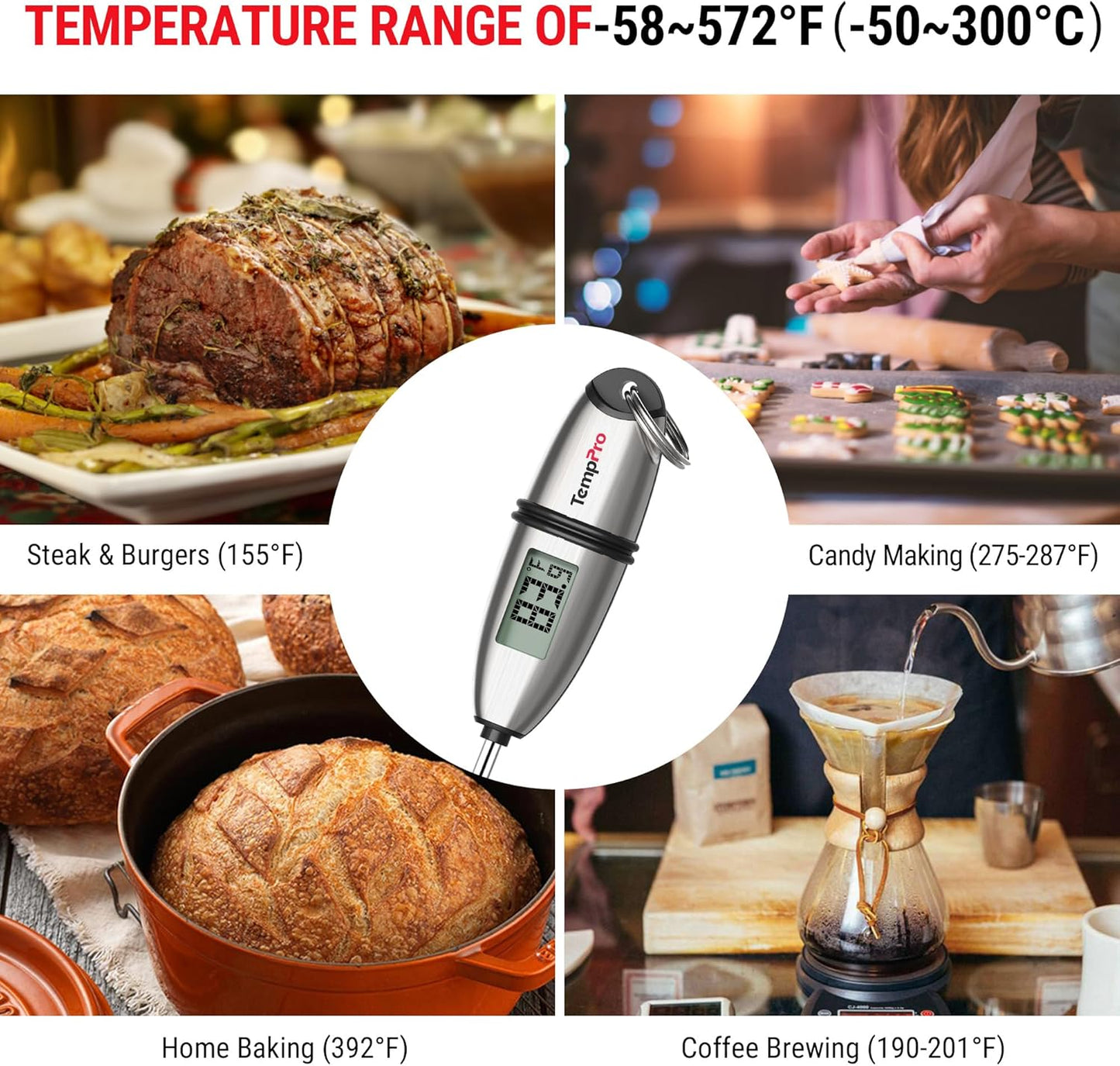 TempPro Digital Food Thermometer - Super Long Probe for Cooking, Baking, and BBQ | Ideal for Meat, Bread, and Candy