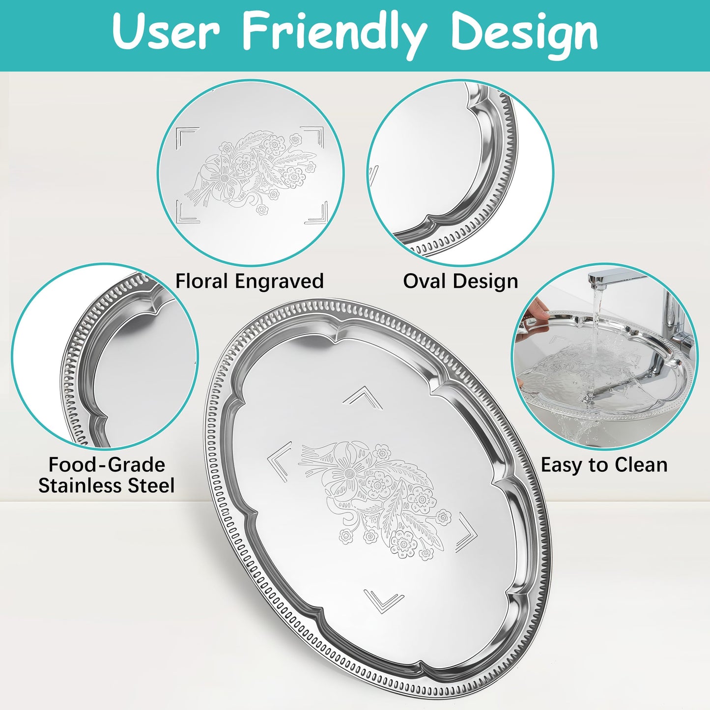 6-Pack Large Silver Serving Trays (16" x 12") – Oval Floral Engraved Serving Platters for Parties, Weddings, Birthdays, Festive Occasions – Mirror Trays for Appetizers, Charcuterie, Cookies, Desserts