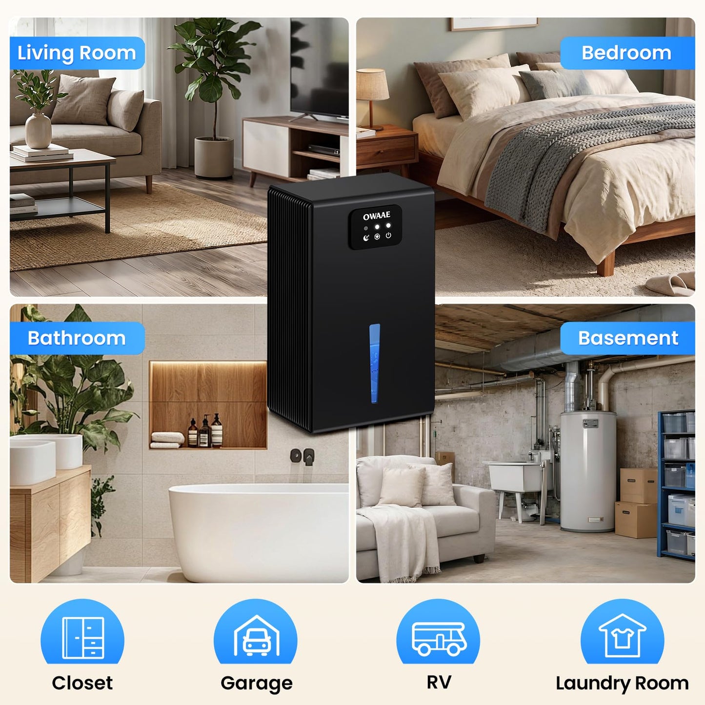 OWAAE Dehumidifier, 1000 sq.ft Quiet Dehumidifiers for Home Bedroom Basement Bathroom with 95oz Water Tank, Sleep Mode, Auto Shut-Off 7 Colors LED Light, Black