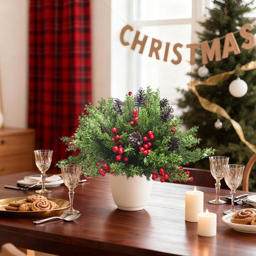 Grunyia Christmas Decorations - 68 Pcs Artificial Pine Greenery Picks with Pinecones & Berries | Holiday Table Centerpiece Decor