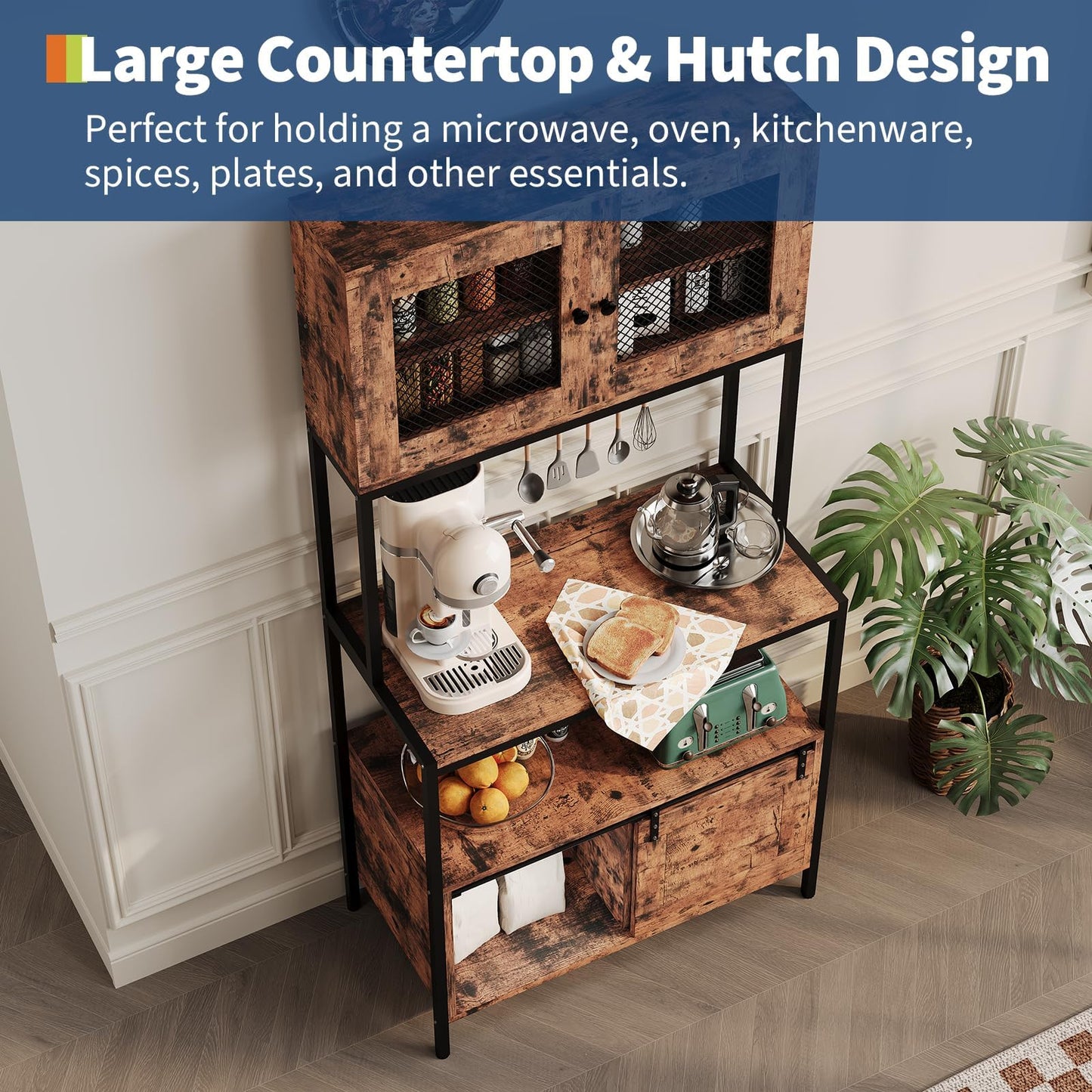 IDEALHOUSE 6 Tier Kitchen Backers Rack with Cabinets & Charging Station, 63 Inch Industrial Microwave Oven Stand, Freestanding Utility Shelves for Dining Room/Living Room/Apartments, Brown