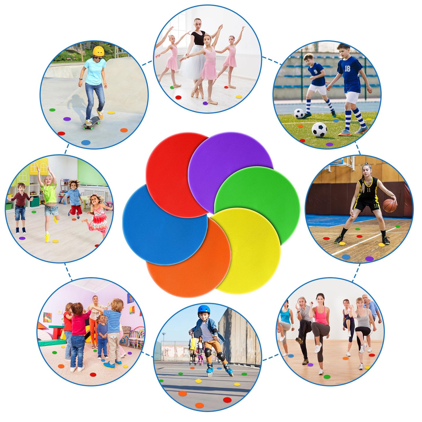SIFENYU Poly Spots for Gym Floor 4.72inch 6inch 9 inch Poly Spot Markers, 60 Pcs Rubber Floor Dots Non Slip Flat Cones for Sports Soccer PE Training, Dance, Classroom Activities
