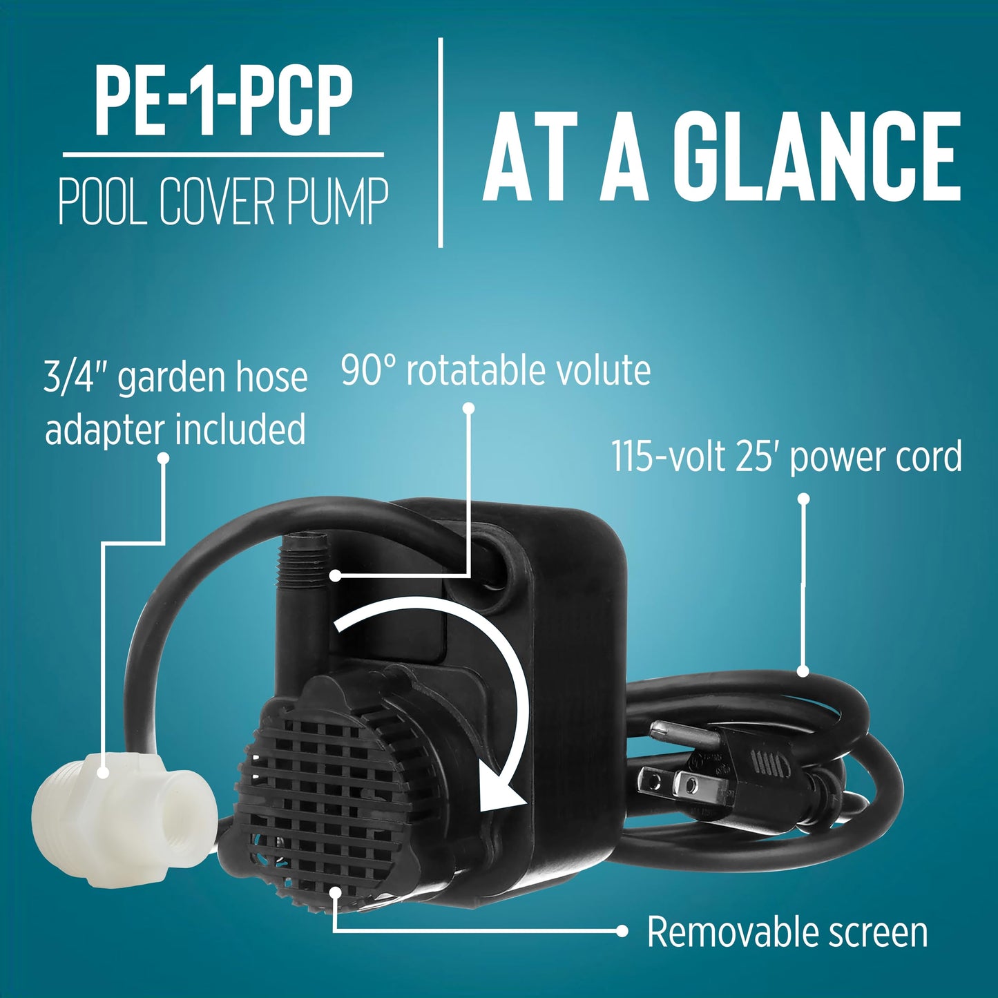 Little Giant PE-1-PCP 115 Volt, 1/125 HP, 170 GPH Manual Pool Cover Pump with 25 Foot Power Cord, Black, 518025